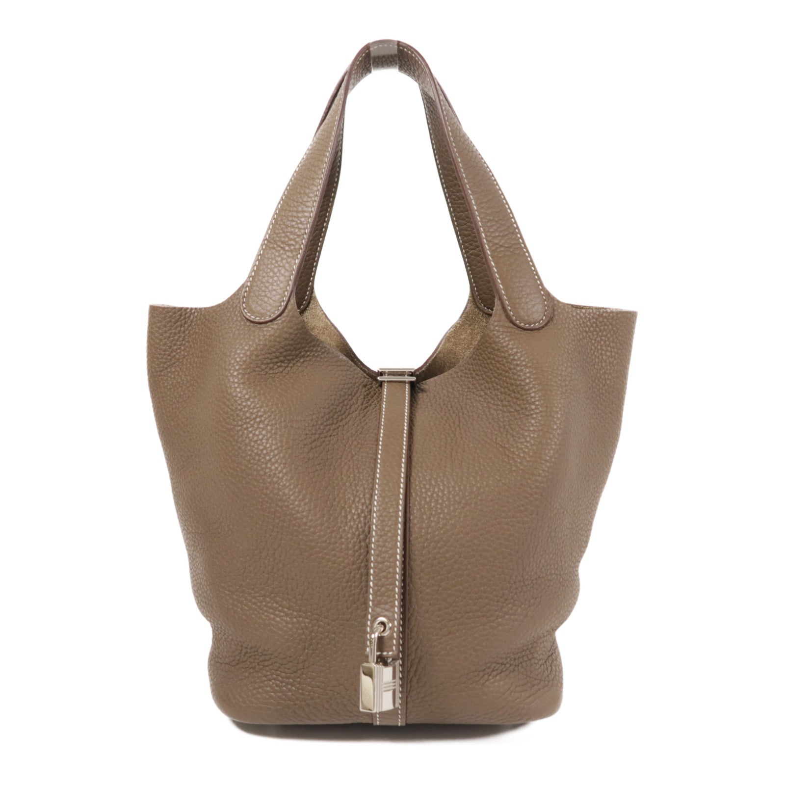 HERMES PHW Picotin MM Hand Bag/Bucket Tote Bag Clemence Leather Etoupe
