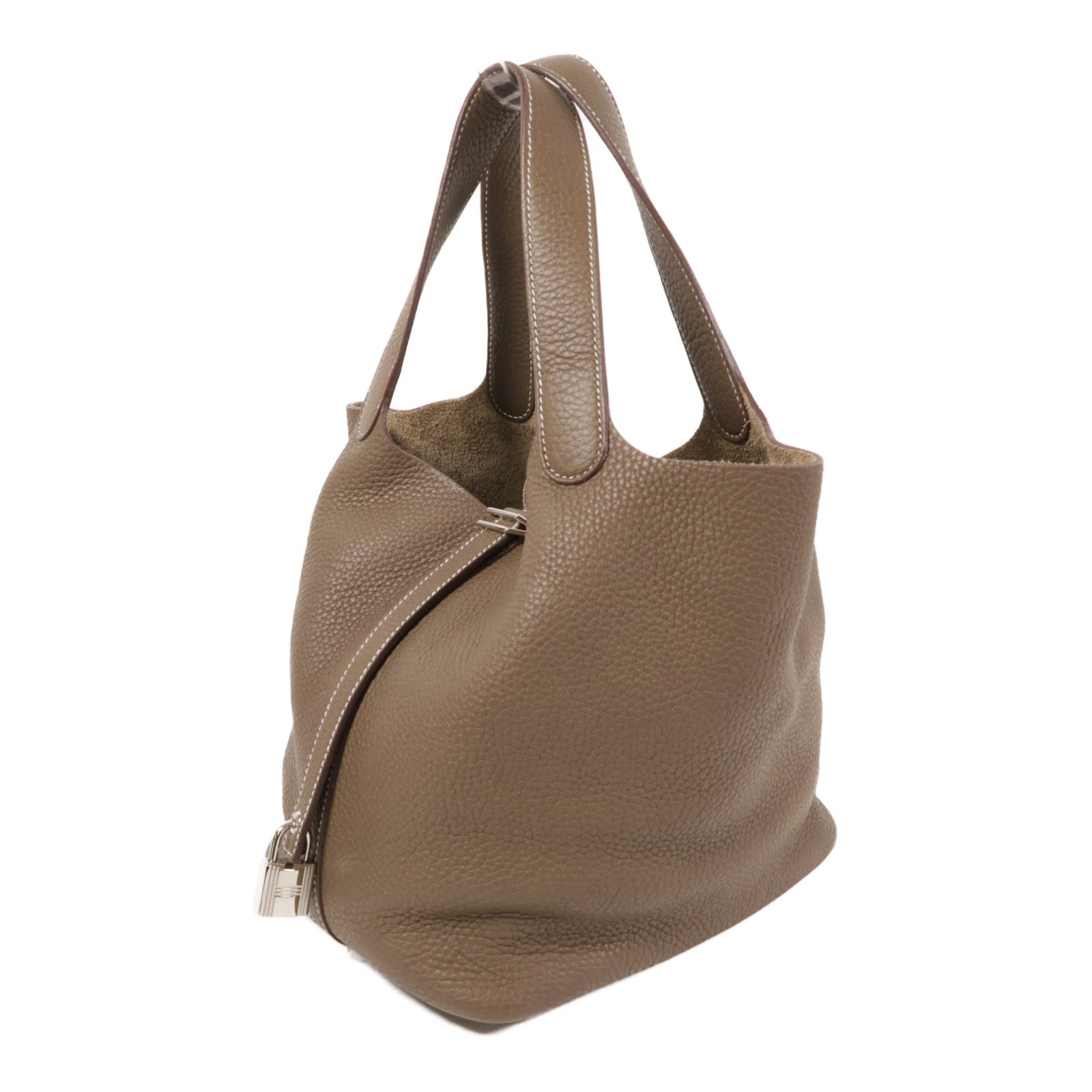 HERMES PHW Picotin MM Hand Bag/Bucket Tote Bag Clemence Leather Etoupe