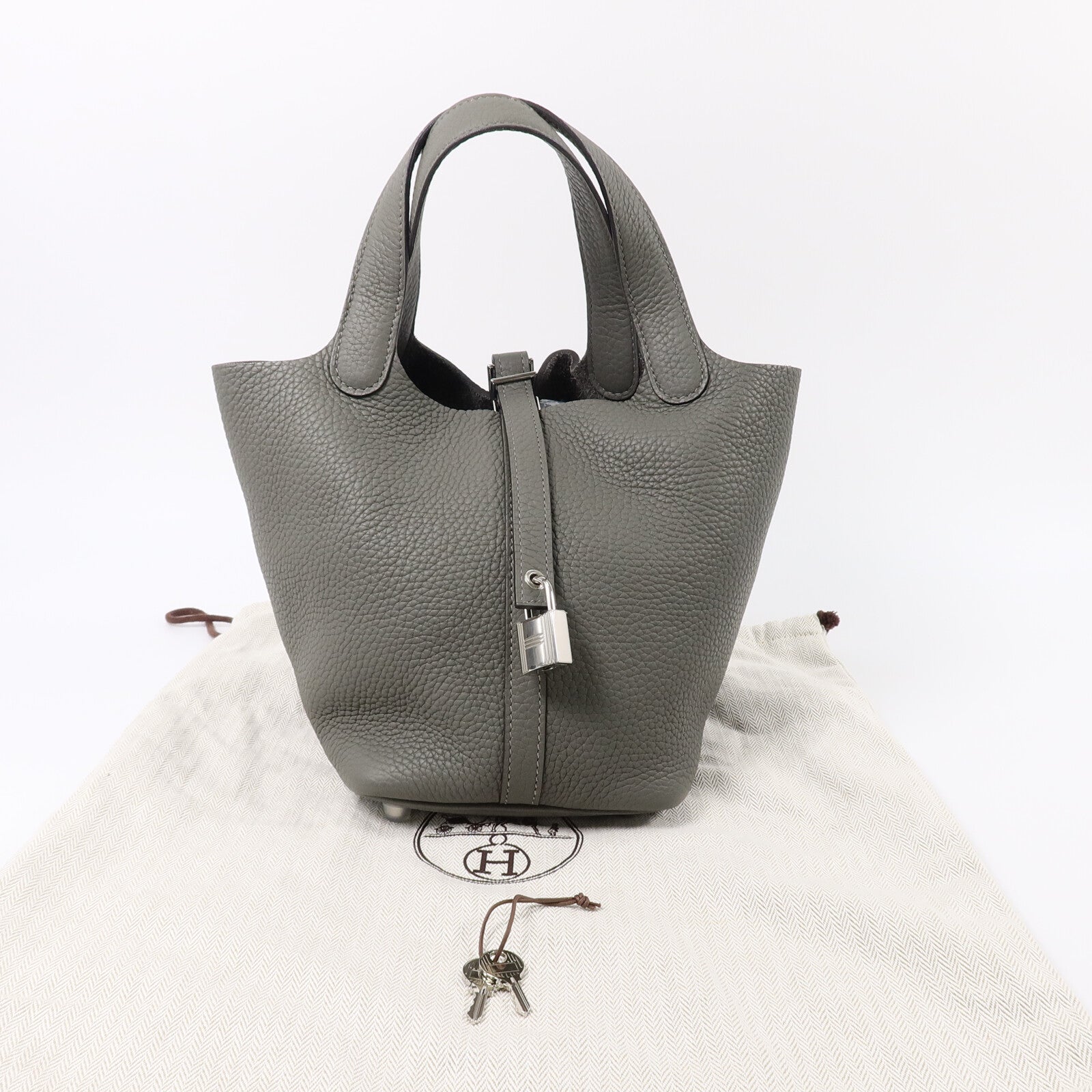 HERMES Clemence皮革Picotin PM手挽袋Gris Meyer