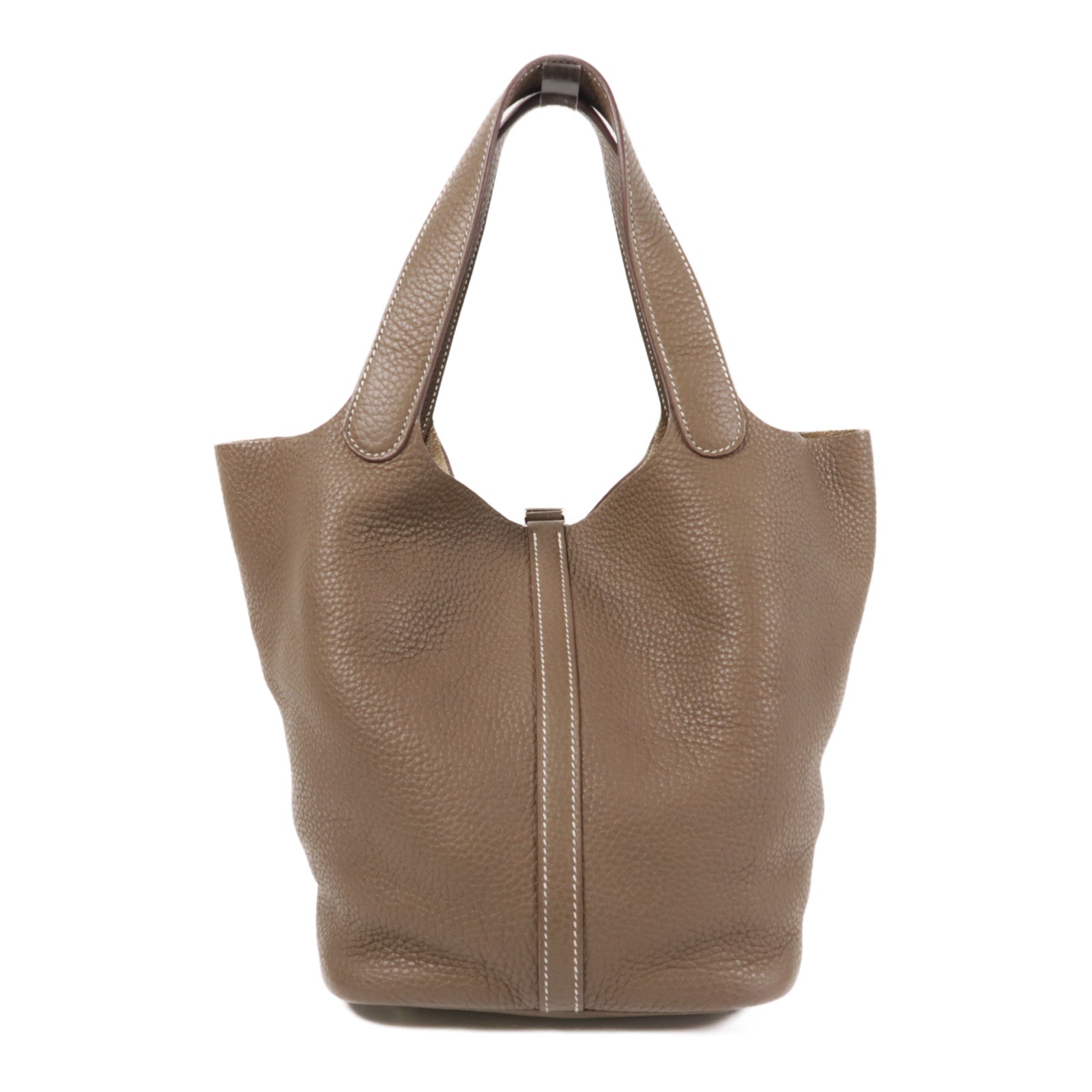 HERMES PHW Picotin MM Hand Bag/Bucket Tote Bag Clemence Leather Etoupe