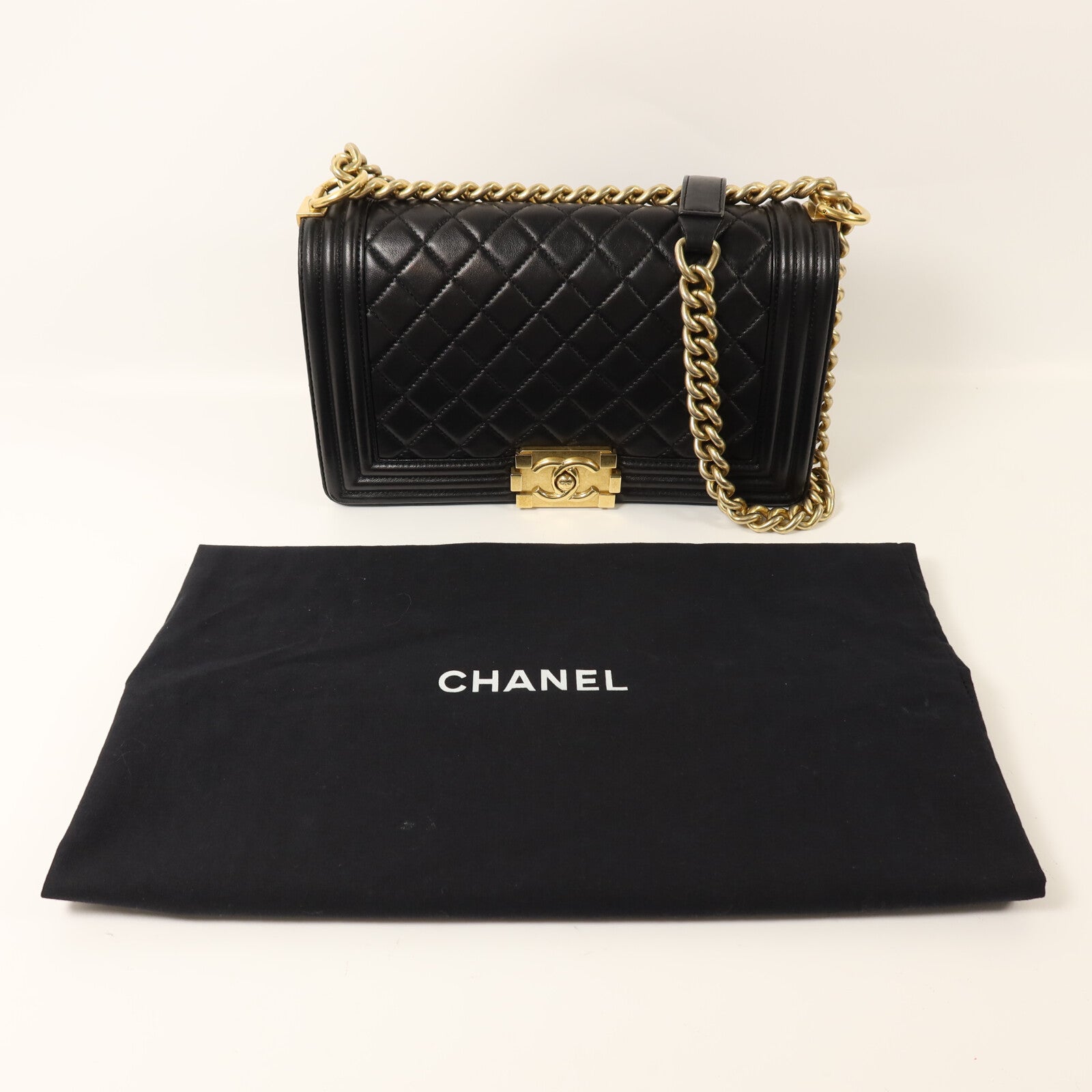 CHANEL 羊皮皮革Boy 25金扣鏈帶肩背袋