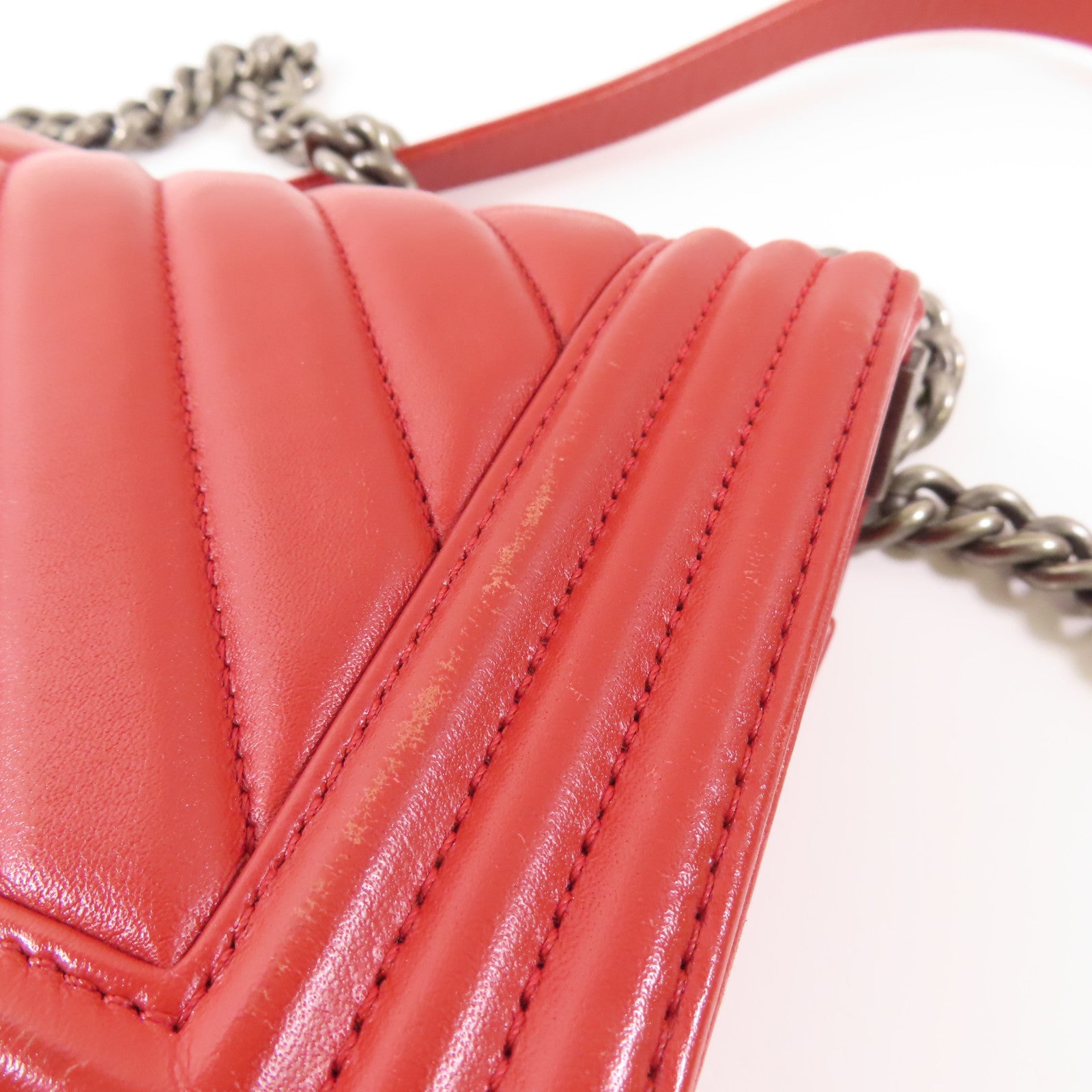 CHANEL CC SHW Boy 25 Chain Shoulder Bag Calfskin Leather Red