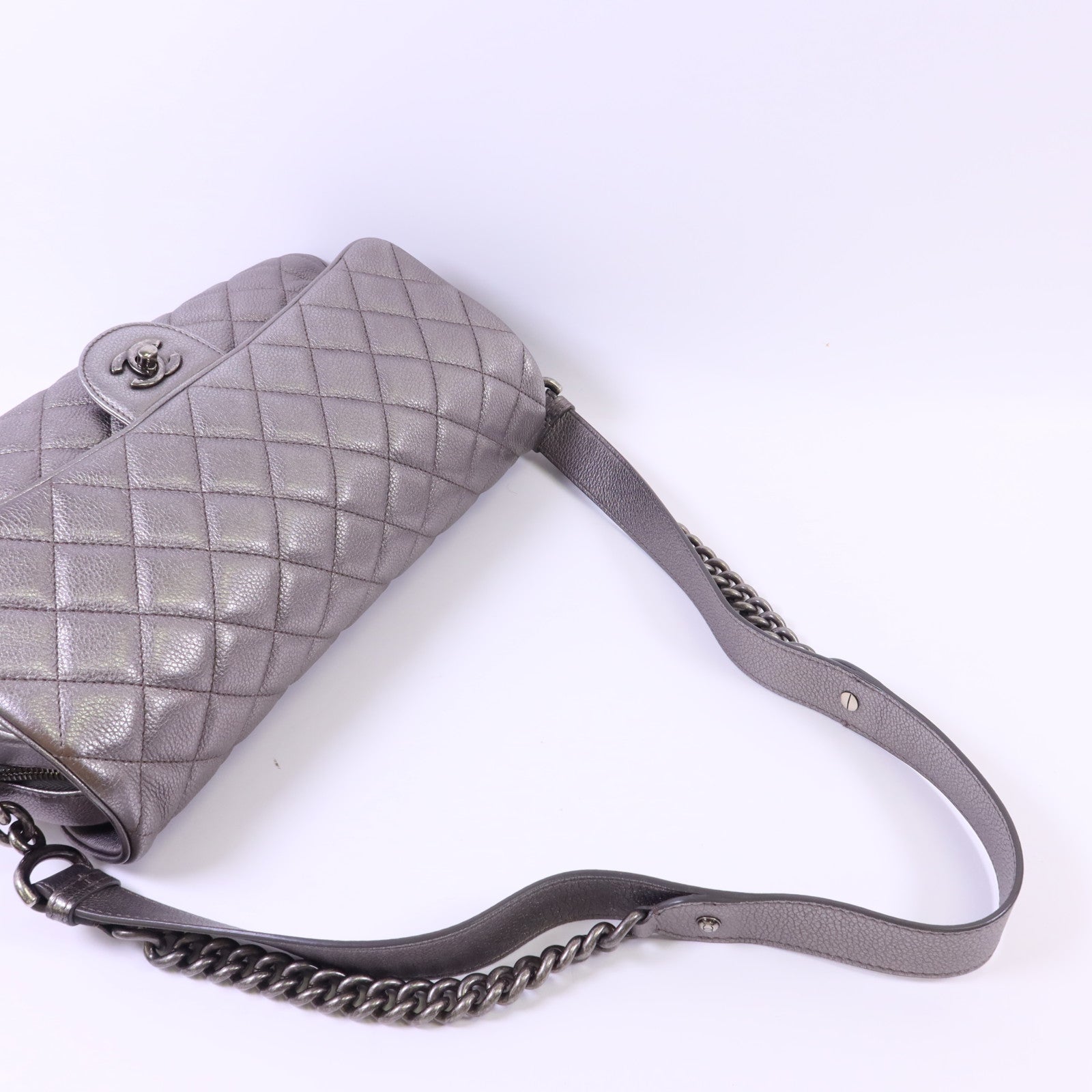 CHANEL 牛皮皮革Chain Shoulder銀扣鏈帶肩背袋