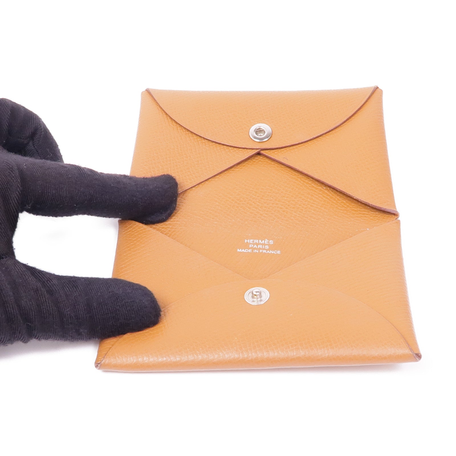 HERMES Epsom皮革Calvi Verso銀扣卡片套37 Gold