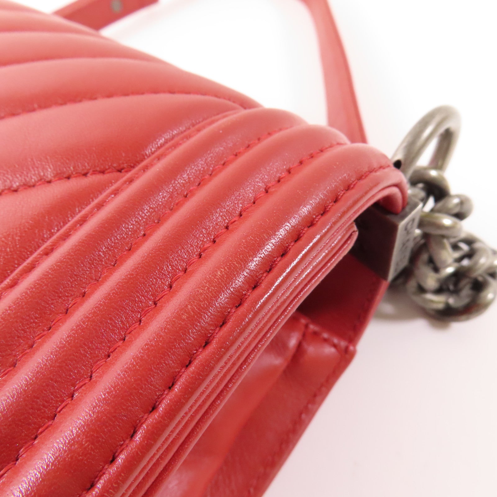 CHANEL CC SHW Boy 25 Chain Shoulder Bag Calfskin Leather Red