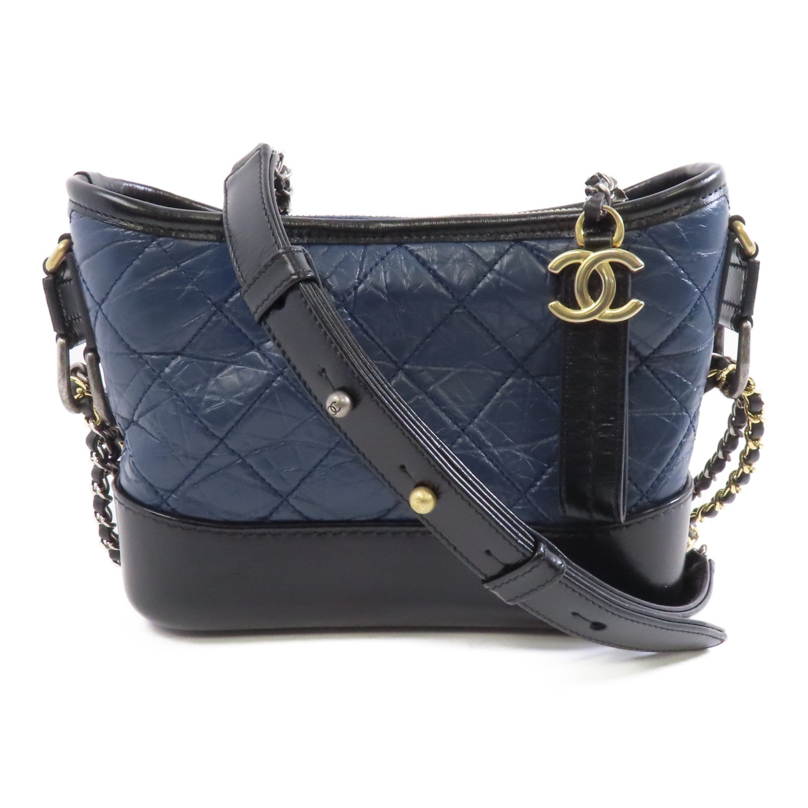 CHANEL 菱格羊皮皮革Gabrielle Small Chain Shoulder金扣/銀扣鏈帶肩背袋藍色/黑色