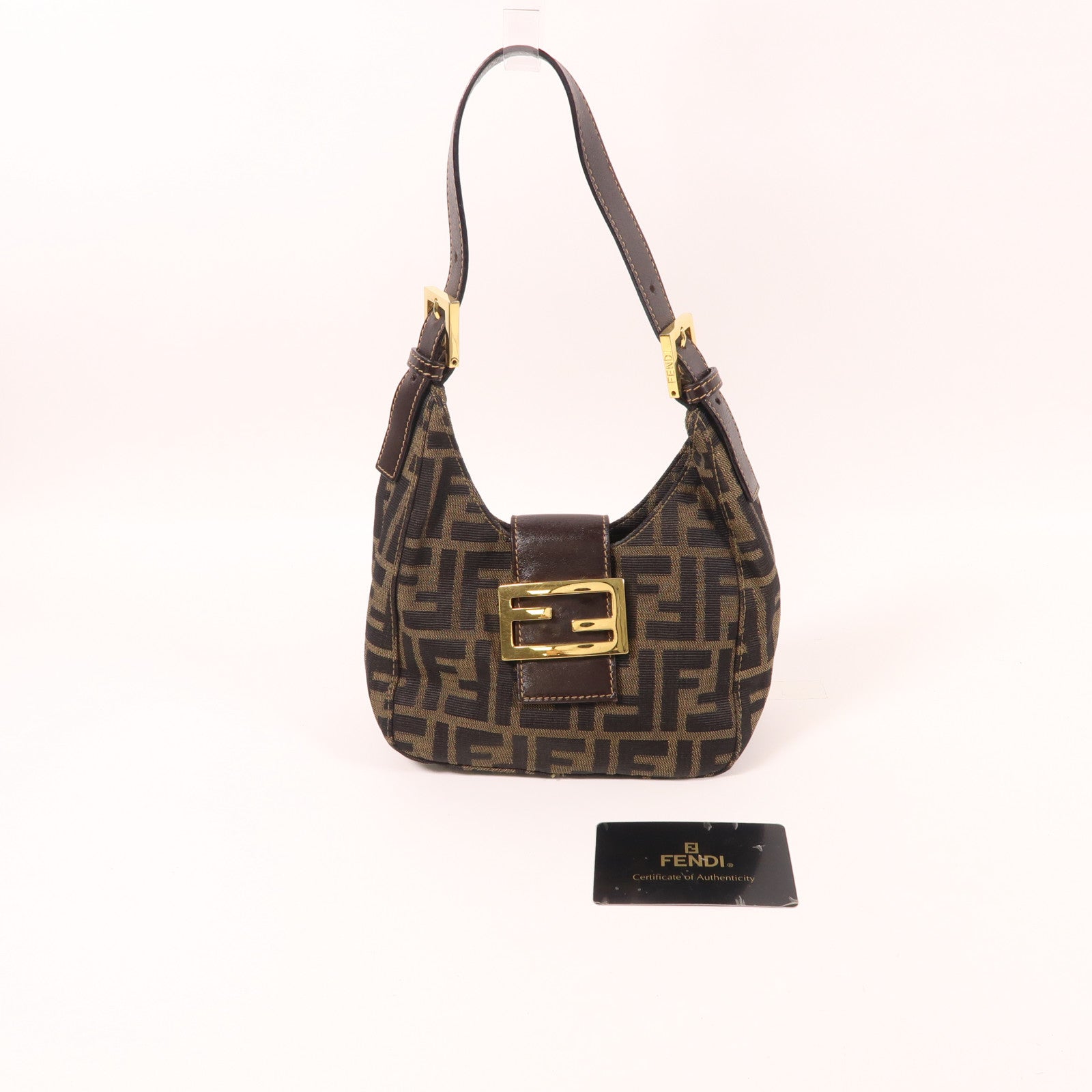 FENDI 帆布Zucca Mini金扣手挽袋啡色