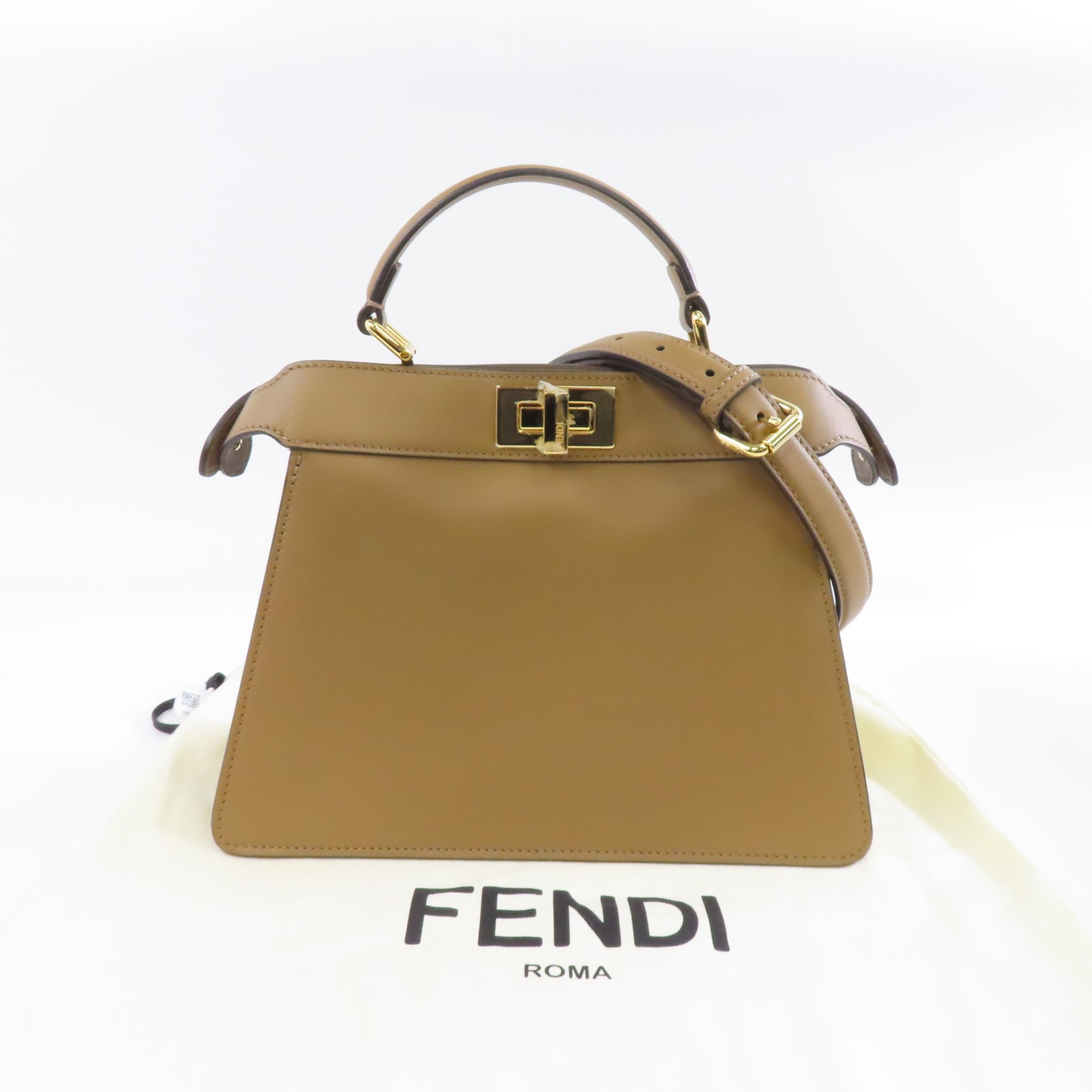 FENDI 牛皮皮革Peekaboo金扣手挽肩背兩用袋棕色