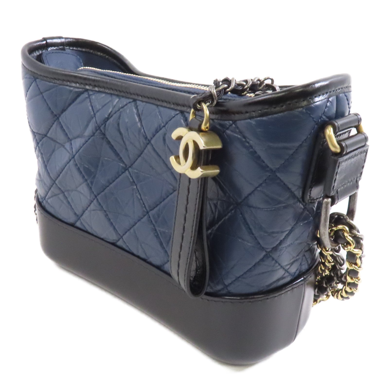 CHANEL 菱格羊皮皮革Gabrielle Small Chain Shoulder金扣/銀扣鏈帶肩背袋藍色/黑色