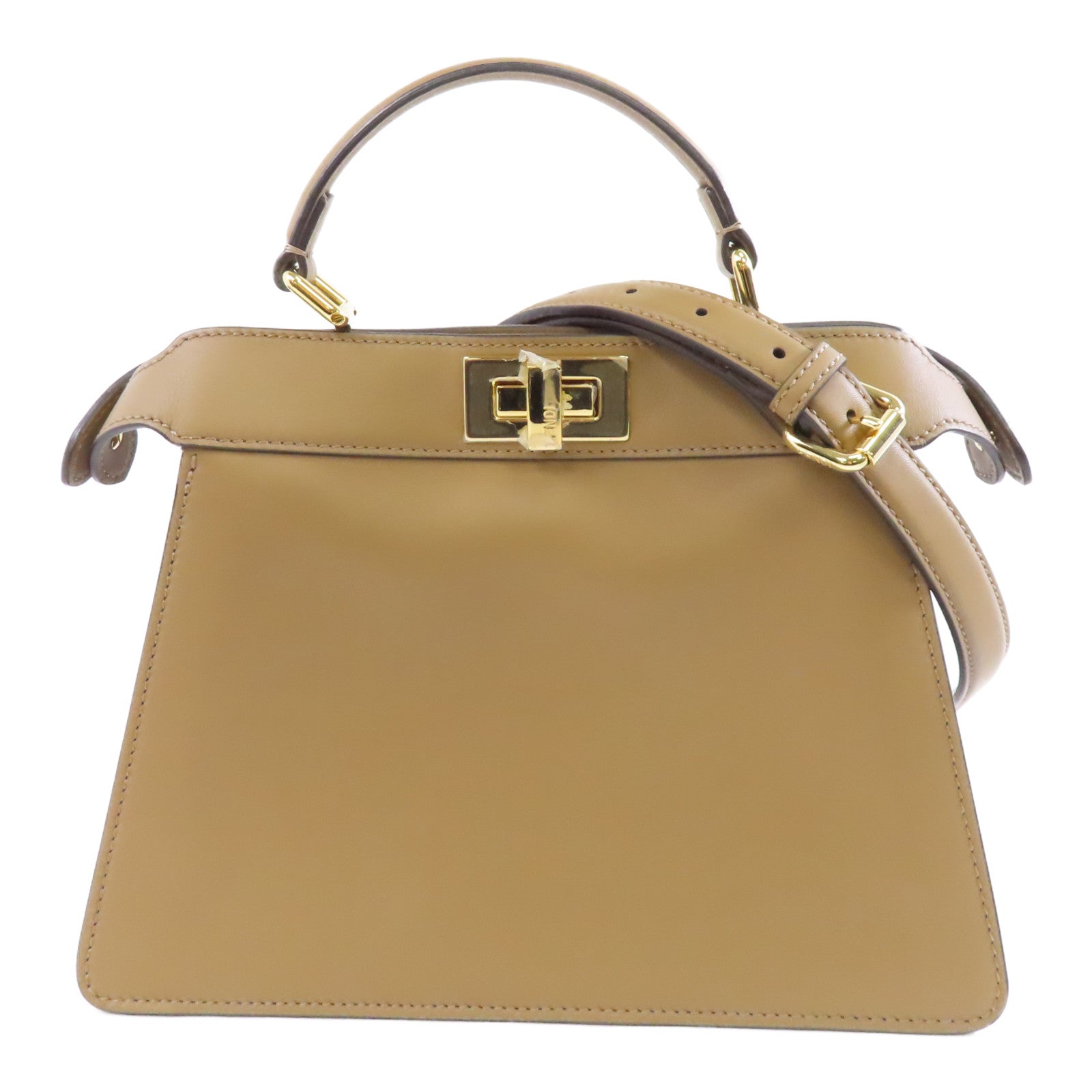 FENDI 牛皮皮革Peekaboo金扣手挽肩背兩用袋棕色