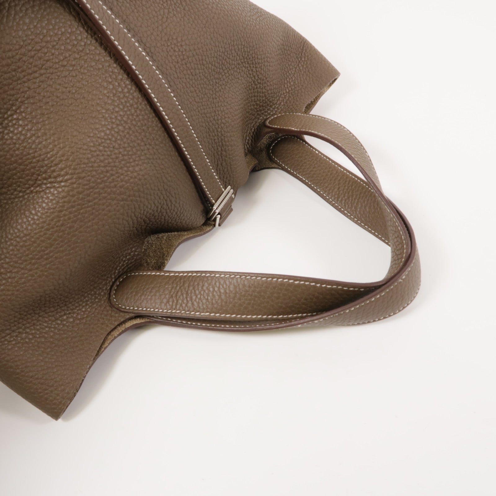 HERMES PHW Picotin MM Hand Bag/Bucket Tote Bag Clemence Leather Etoupe