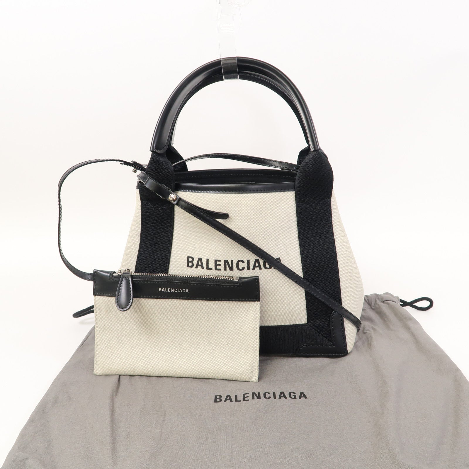 BALENCIAGA 帆布Cabas XS銀扣手挽肩背兩用袋黑色/白色