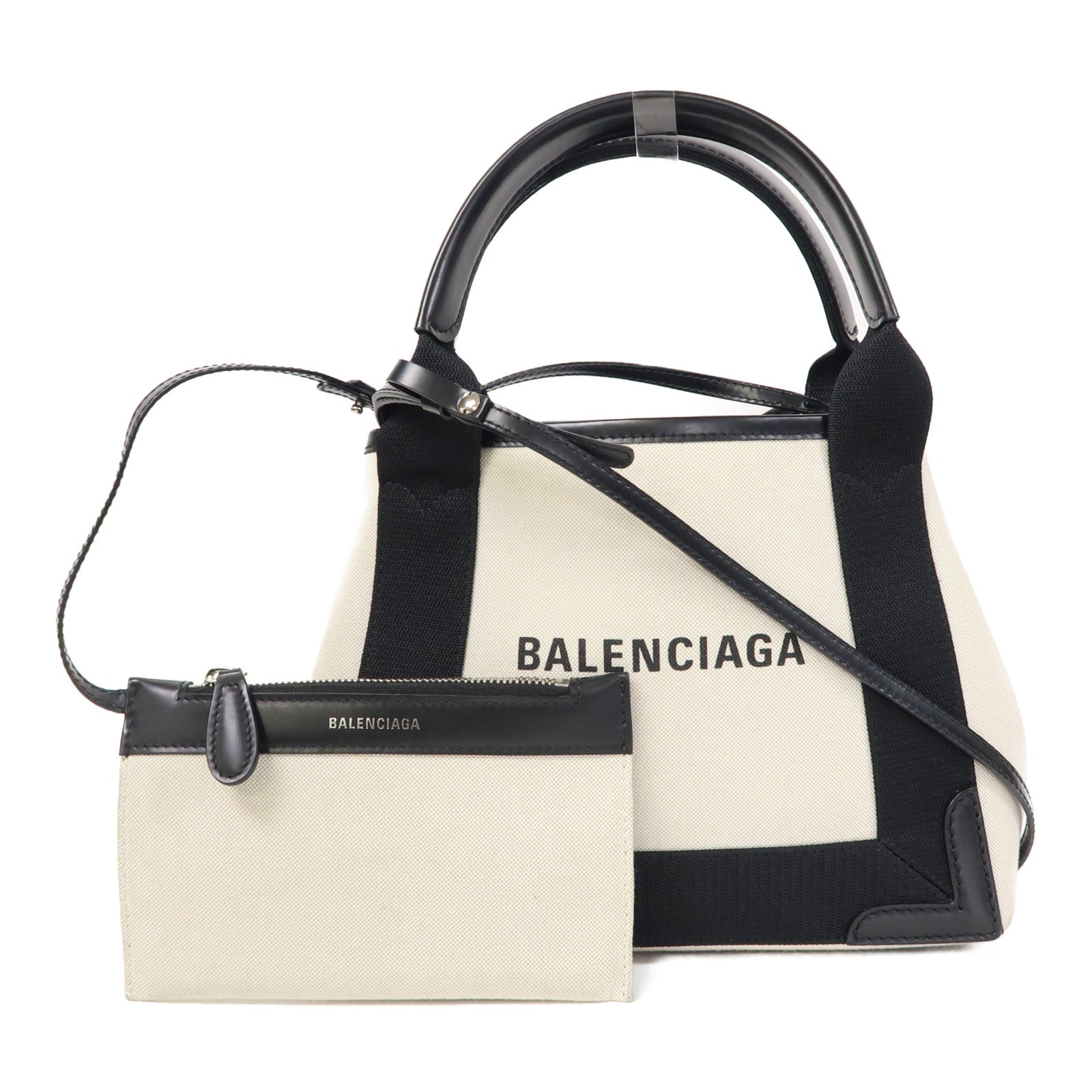 BALENCIAGA 帆布Cabas XS銀扣手挽肩背兩用袋黑色/白色