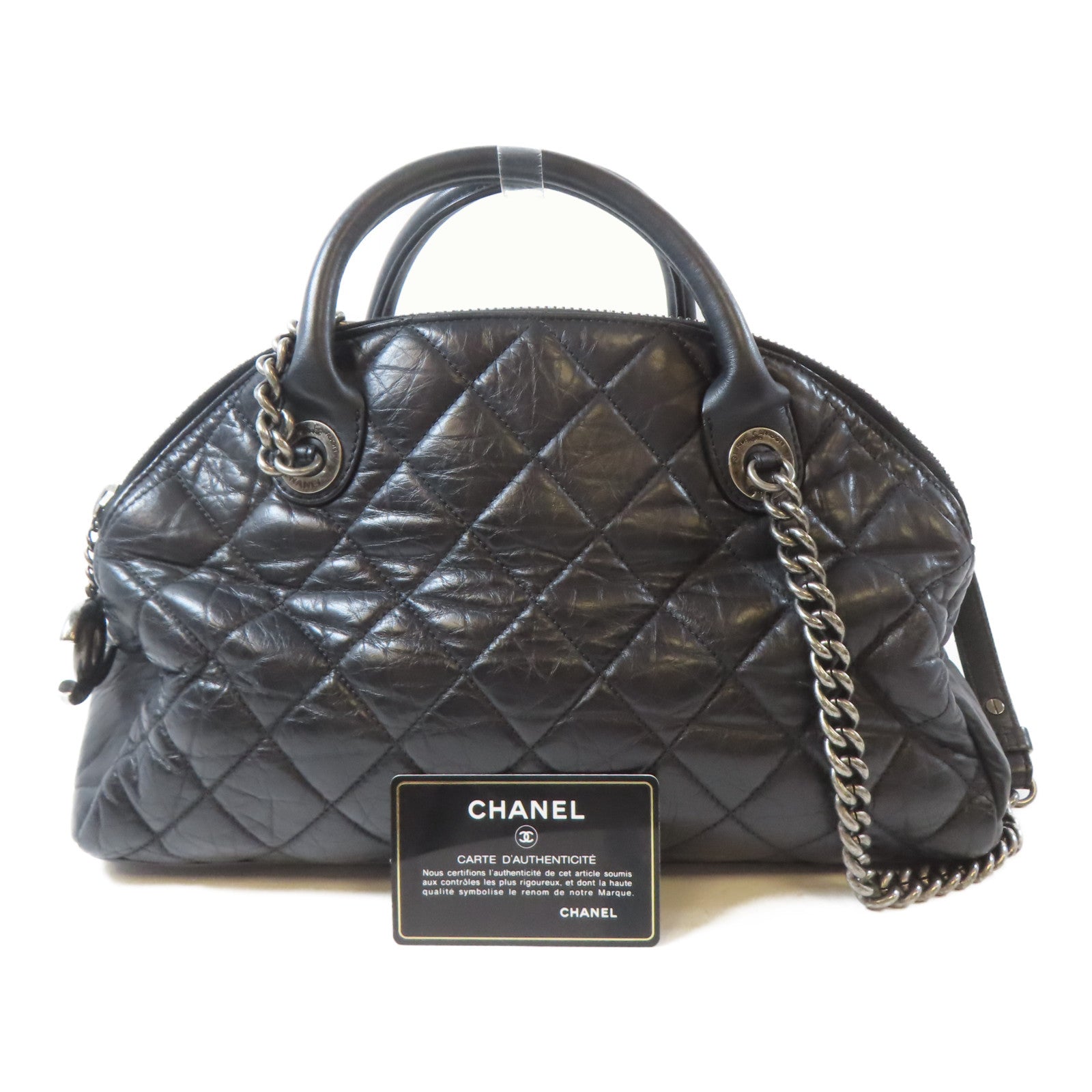 CHANEL 菱格牛皮皮革Chain Shoulder銀扣鏈帶肩背袋黑色