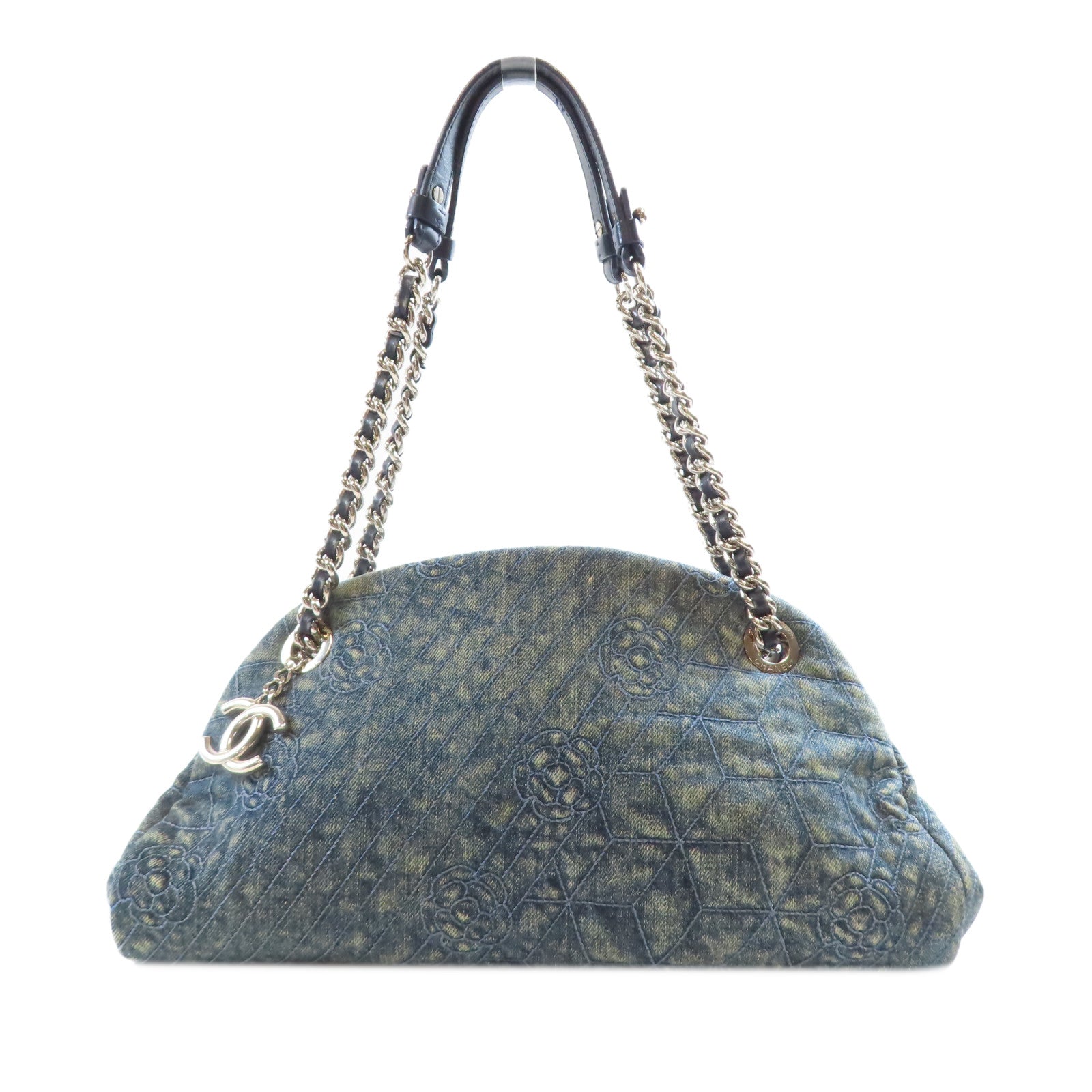 CHANEL 牛仔布Chain Shoulder銀扣鏈帶肩背袋藍色