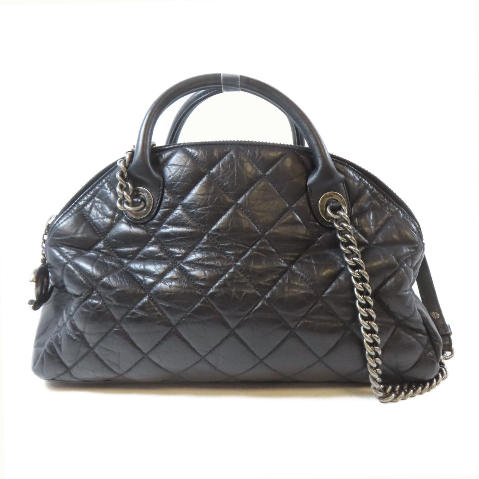 CHANEL 菱格牛皮皮革Chain Shoulder銀扣鏈帶肩背袋黑色