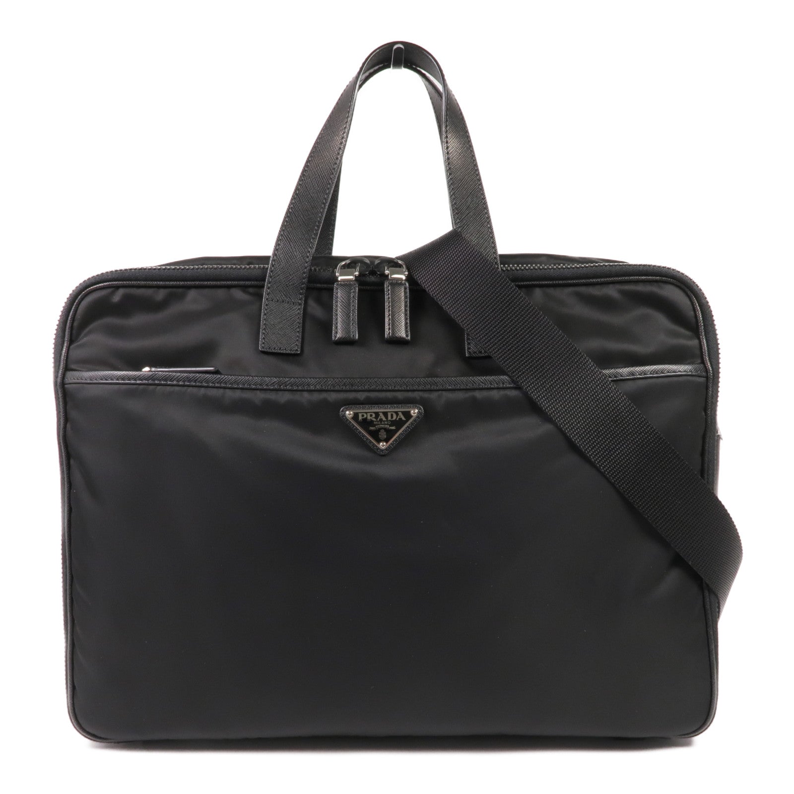 PRADA 尼龍/Saffiano皮革Briefcase銀扣手挽肩背兩用袋