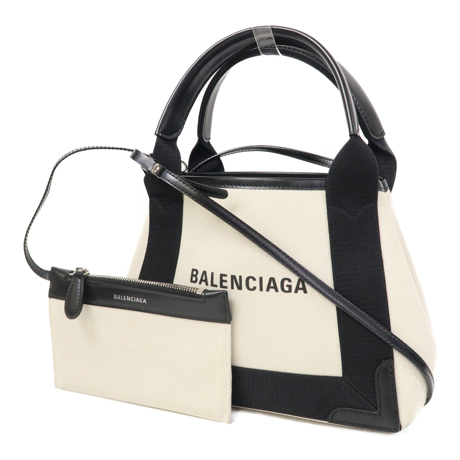 BALENCIAGA 帆布Cabas XS銀扣手挽肩背兩用袋黑色/白色