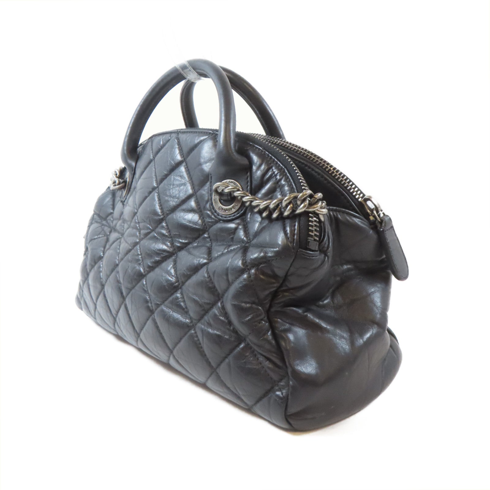 CHANEL 菱格牛皮皮革Chain Shoulder銀扣鏈帶肩背袋黑色