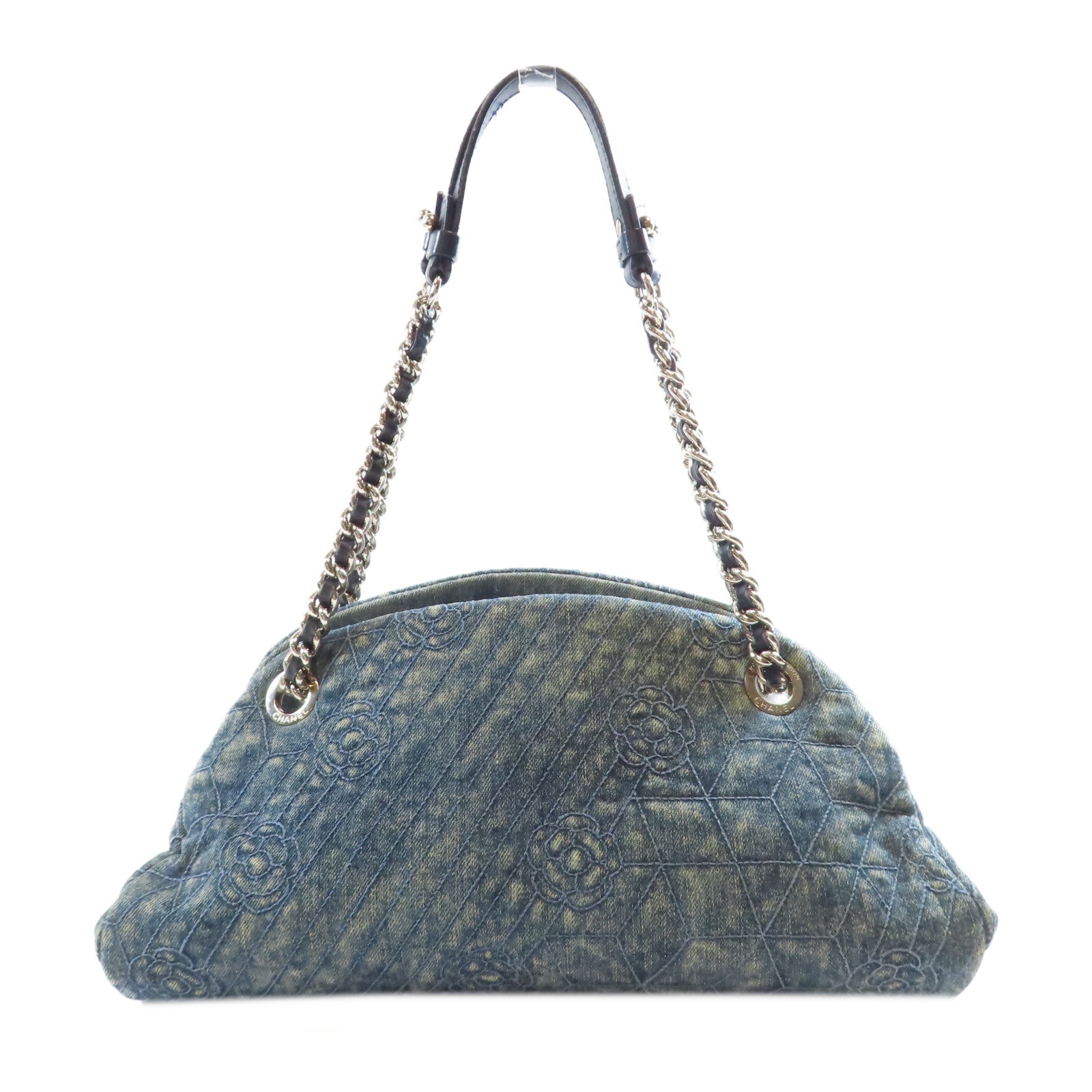 CHANEL 牛仔布Chain Shoulder銀扣鏈帶肩背袋藍色