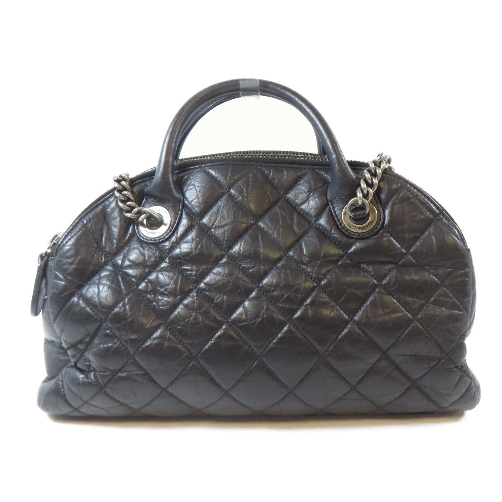 CHANEL 菱格牛皮皮革Chain Shoulder銀扣鏈帶肩背袋黑色