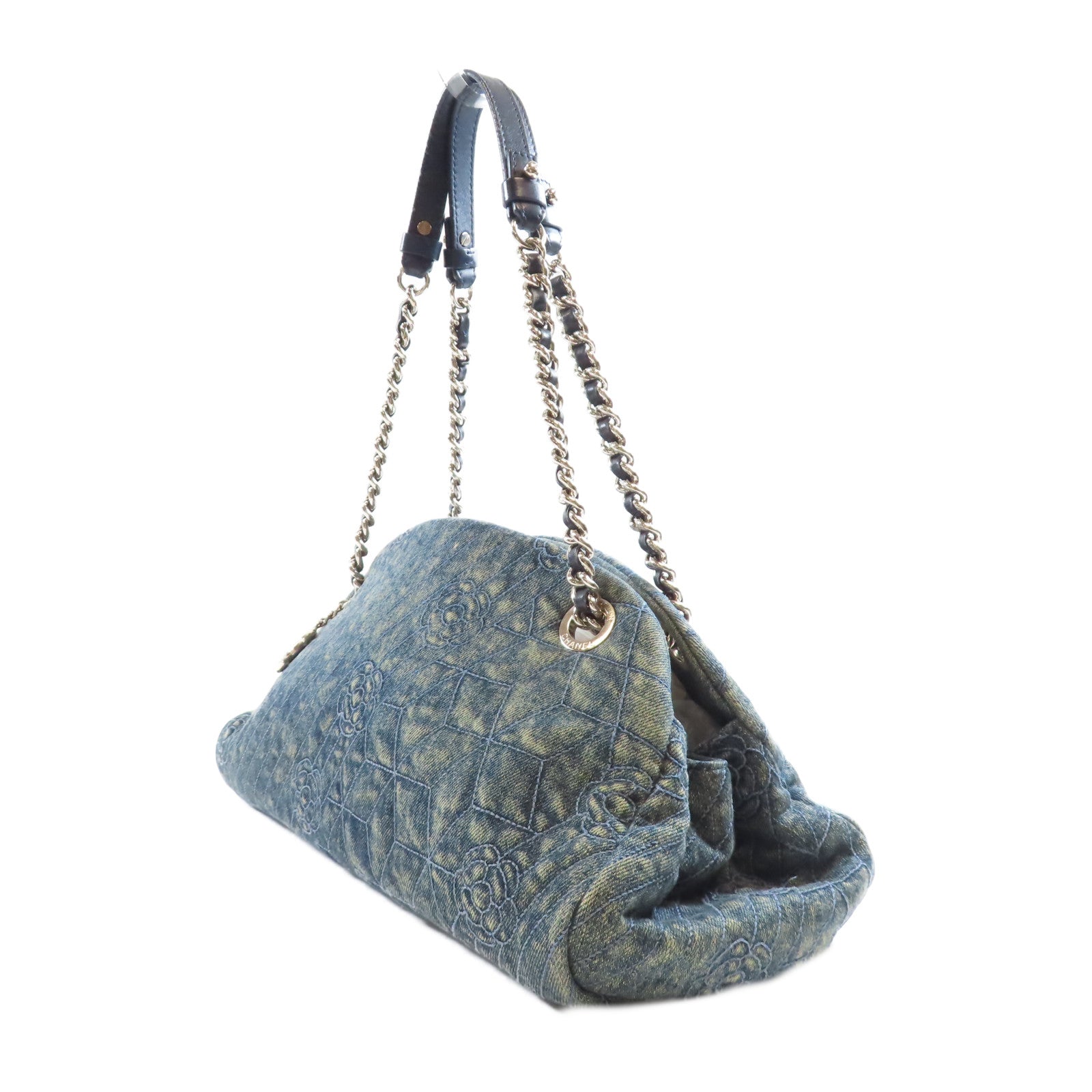 CHANEL 牛仔布Chain Shoulder銀扣鏈帶肩背袋藍色