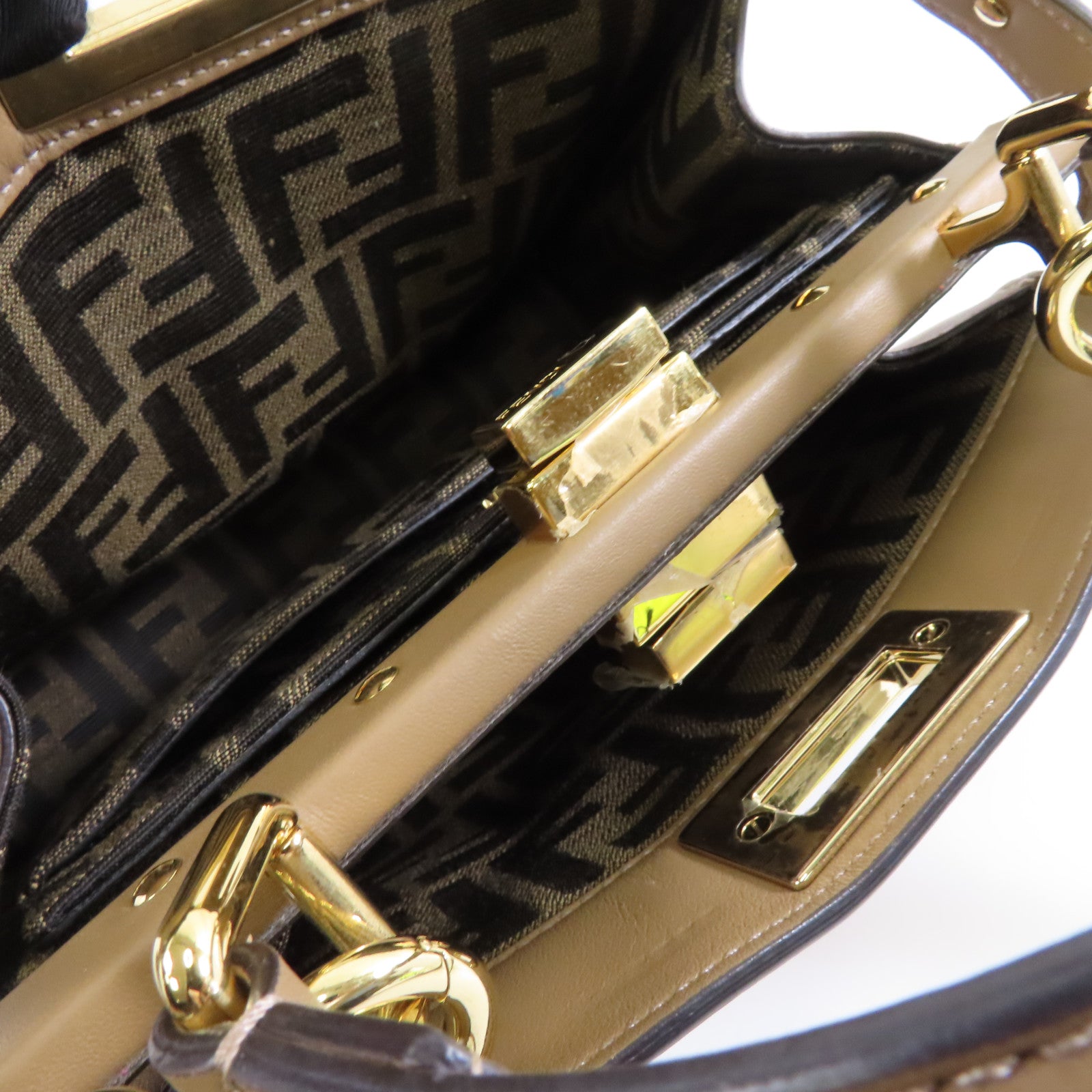FENDI 牛皮皮革Peekaboo金扣手挽肩背兩用袋棕色
