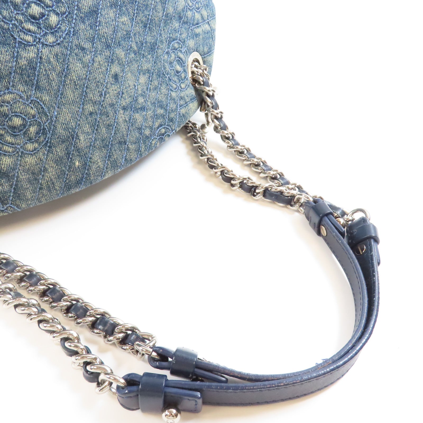 CHANEL 牛仔布Chain Shoulder銀扣鏈帶肩背袋藍色