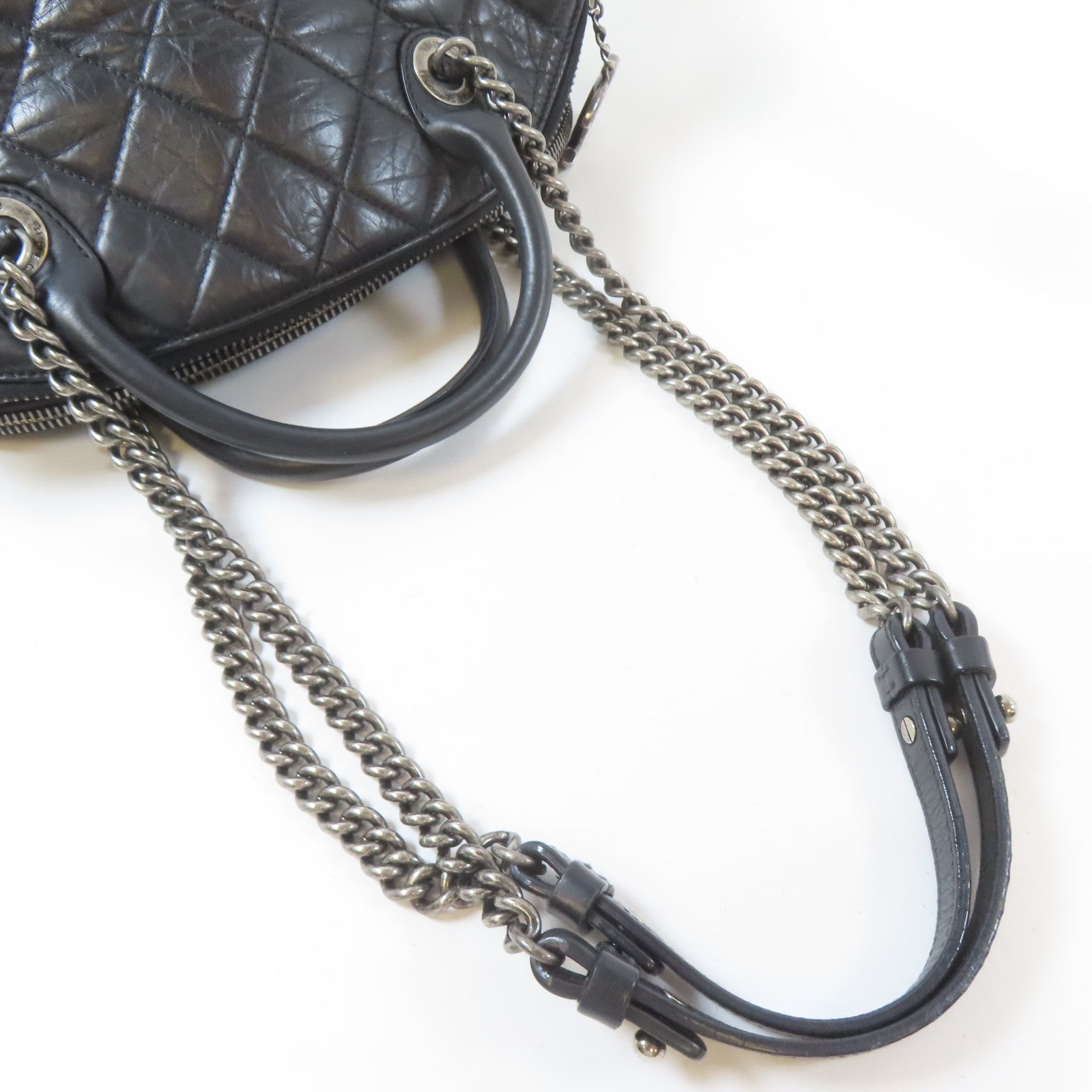 CHANEL 菱格牛皮皮革Chain Shoulder銀扣鏈帶肩背袋黑色