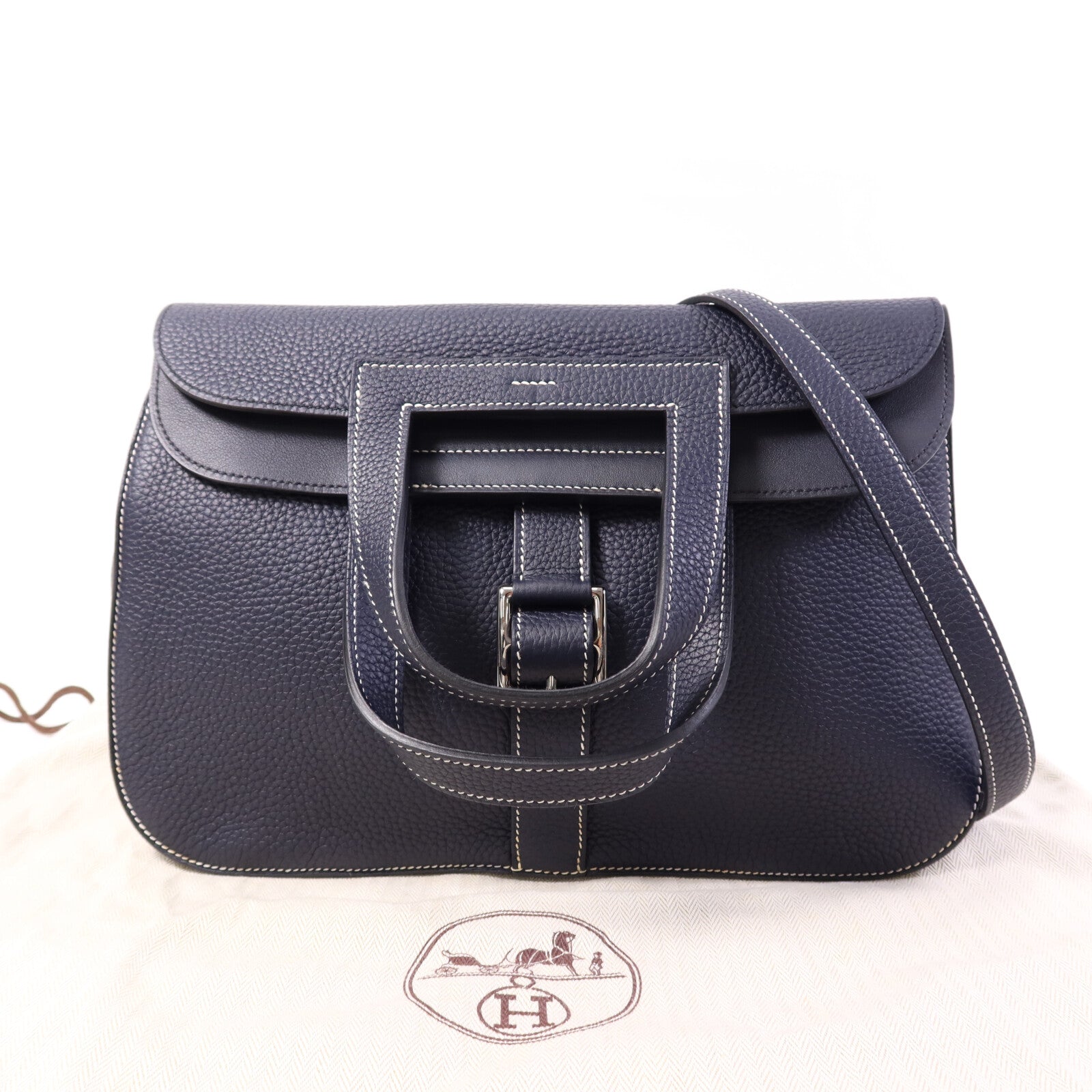HERMES 【激減優惠】Clemence皮革Halzan 31銀扣手挽肩背兩用袋Bleu Nuit