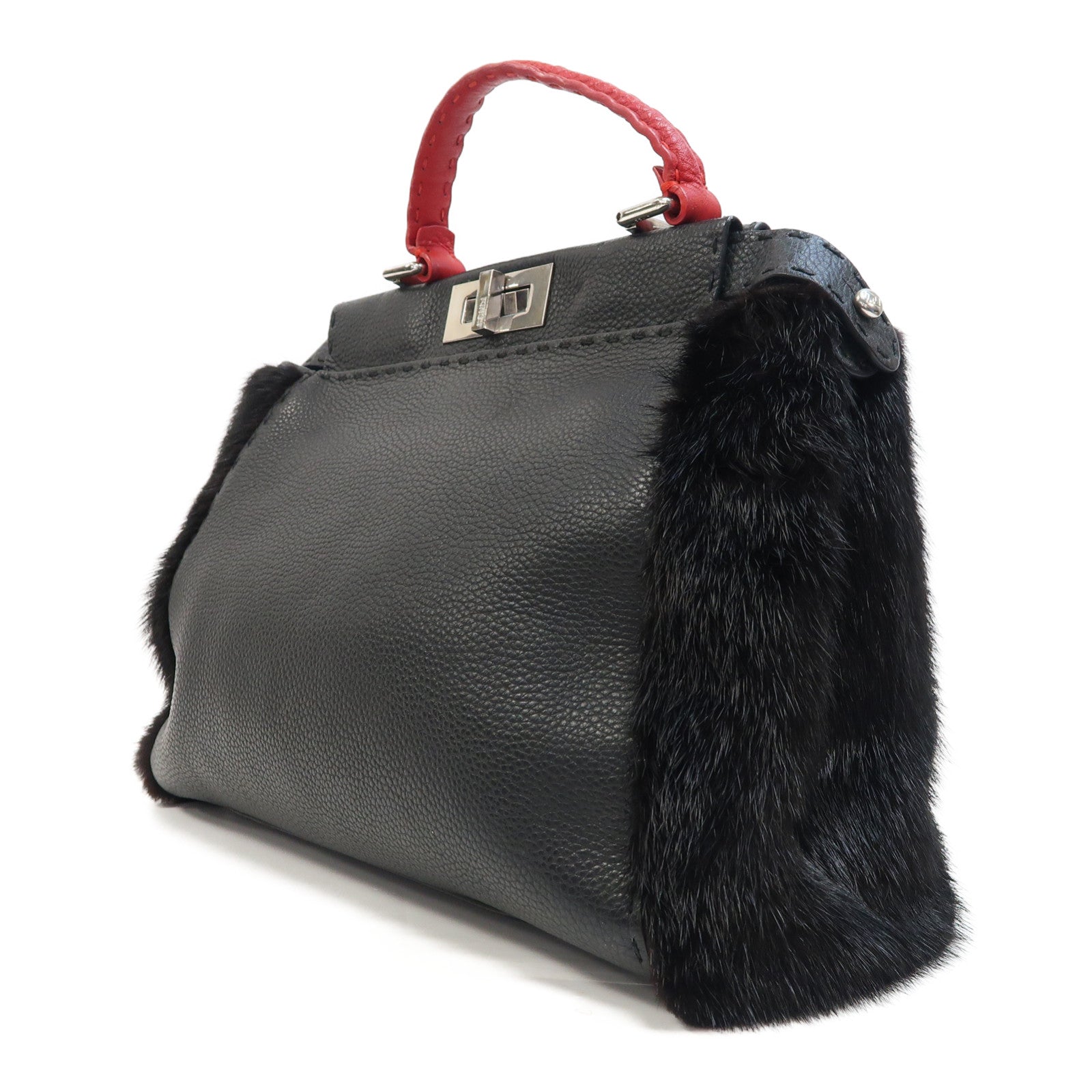 FENDI 【激減優惠】牛皮皮革/Fur Peekaboo銀扣手挽肩背兩用袋黑色/紅色