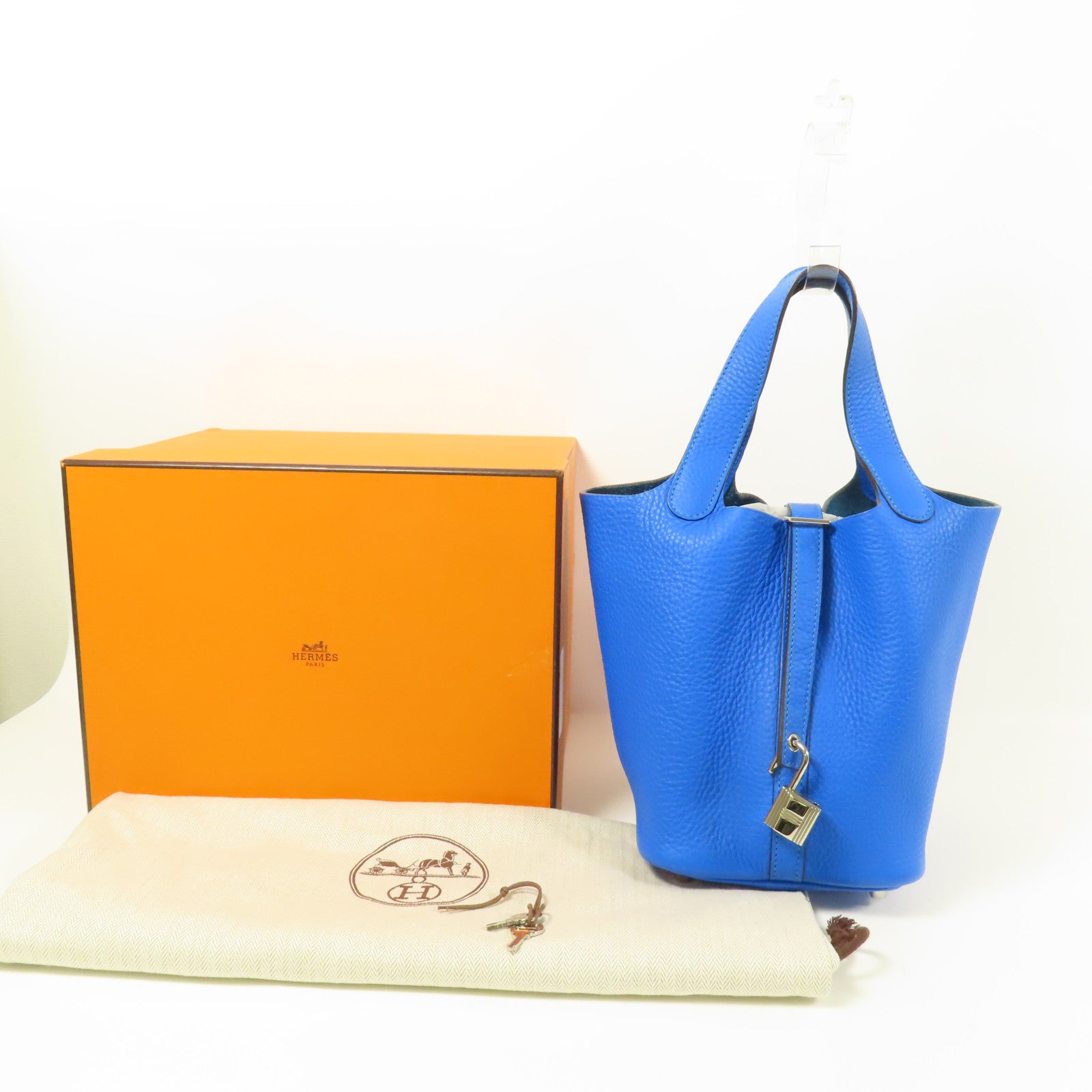 HERMES Clemence皮革Picotin PM銀扣手挽袋Mykonos