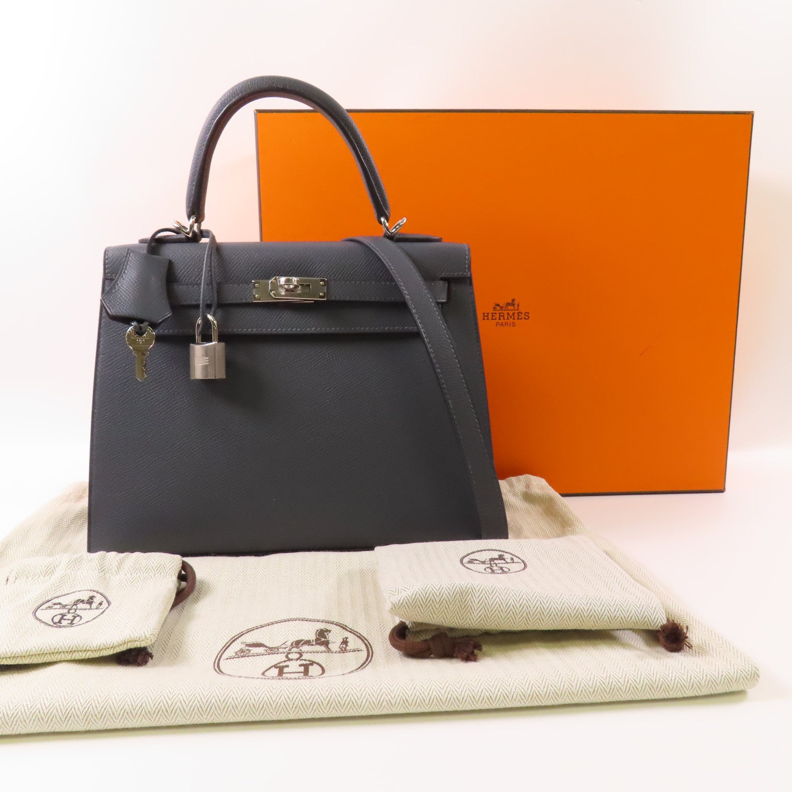 HERMES 【激減優惠】Epsom皮革Kelly 25銀扣手挽肩背兩用袋Gris Misty