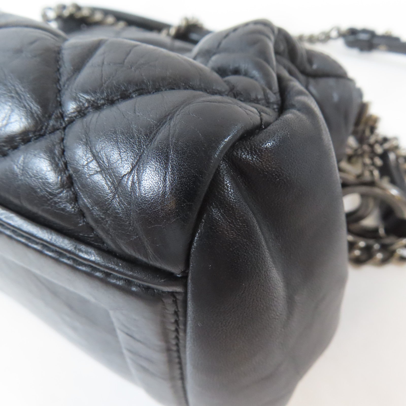 CHANEL 菱格牛皮皮革Chain Shoulder銀扣鏈帶肩背袋黑色