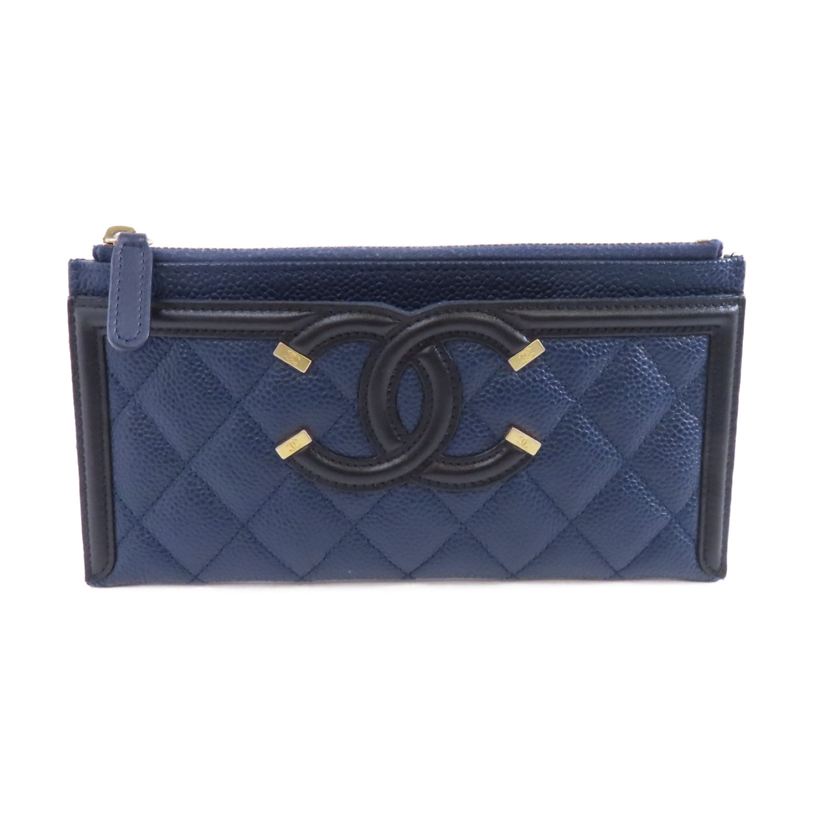 CHANEL 菱格牛皮皮革Long Wallet錢包深藍色