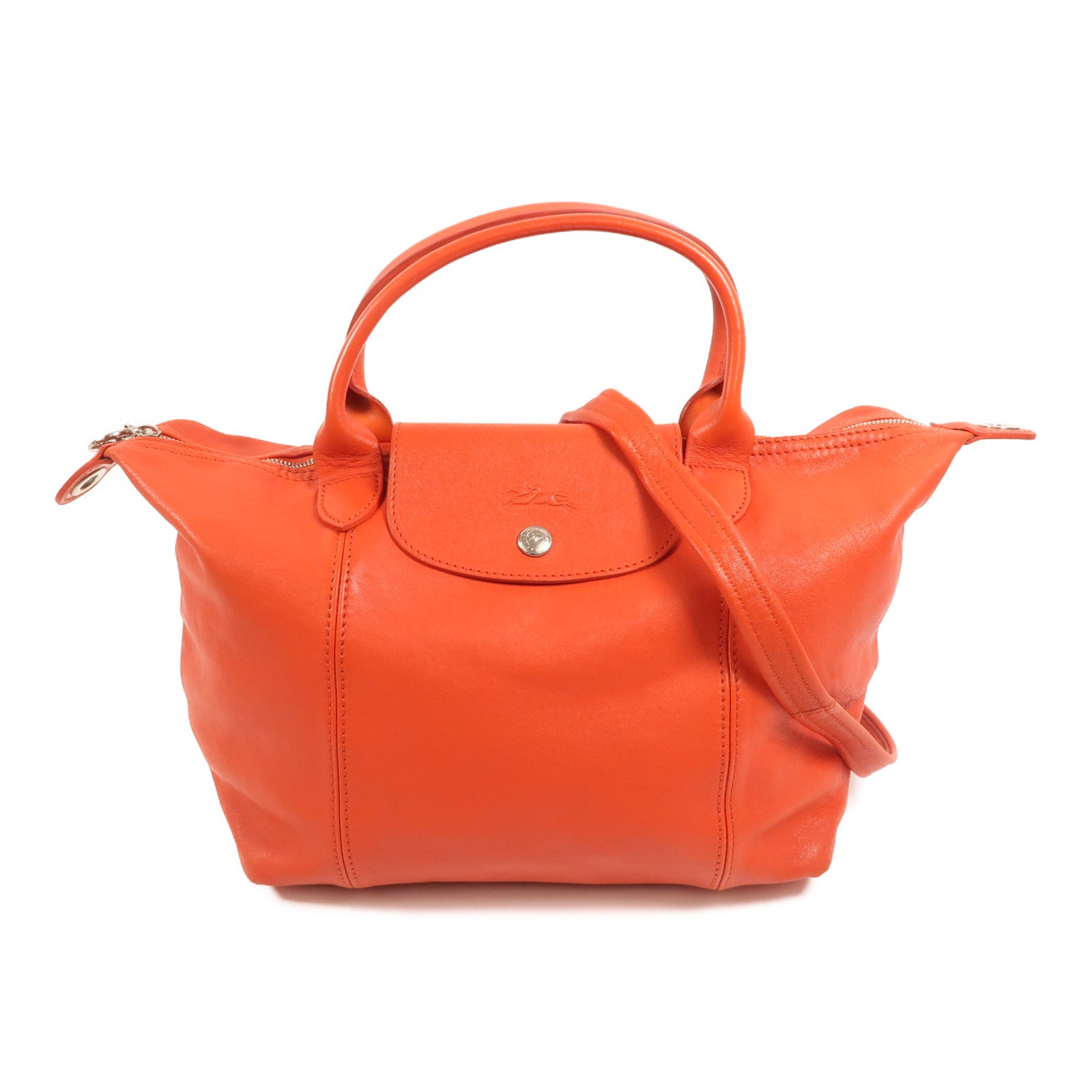 Longchamp 羊皮皮革Le Pliage Cuir銀扣手挽肩背兩用袋