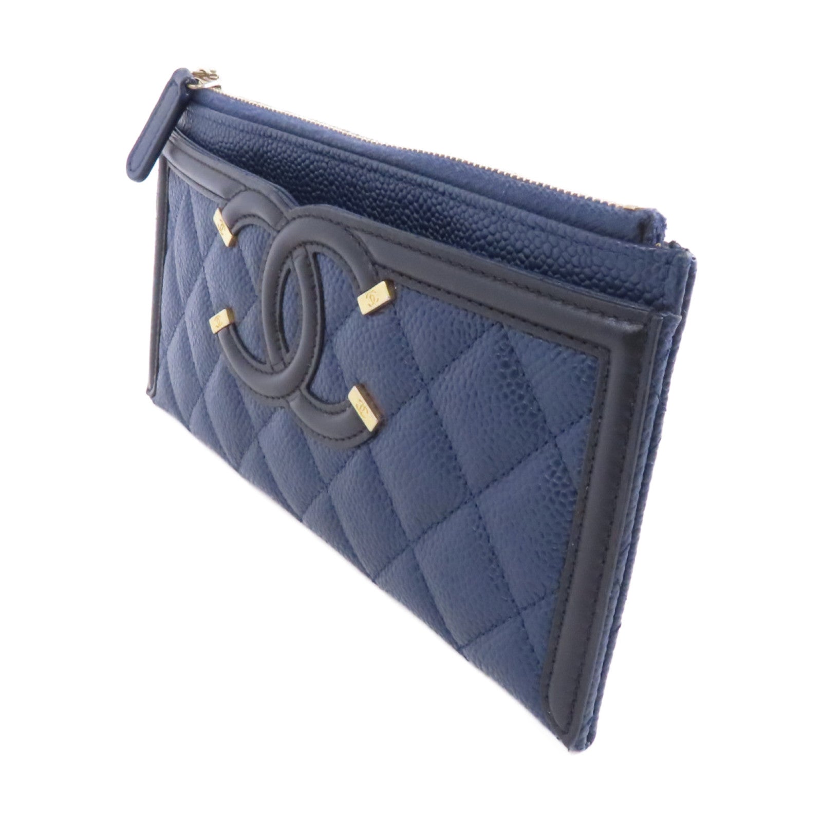 CHANEL 菱格牛皮皮革Long Wallet錢包深藍色