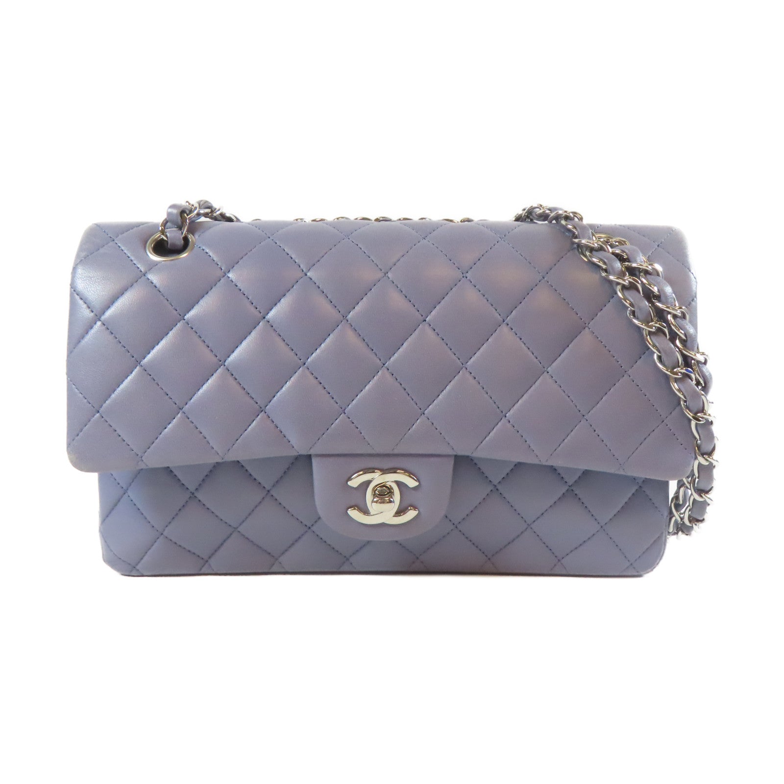 CHANEL 【激減優惠】菱格羊皮皮革Classic 25cm銀扣鏈帶肩背袋紫色