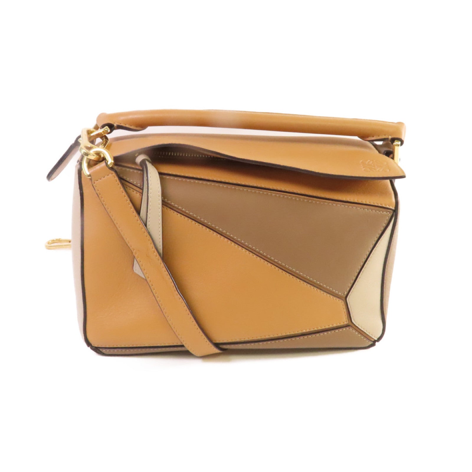 LOEWE 牛皮皮革Puzzle Small 2Way Shoulder Bag金扣手挽肩背兩用袋杏色/啡色