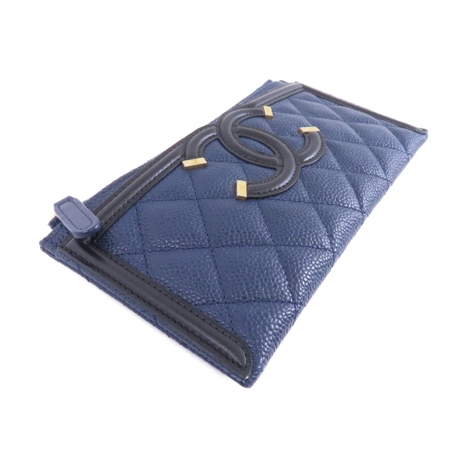 CHANEL 菱格牛皮皮革Long Wallet錢包深藍色