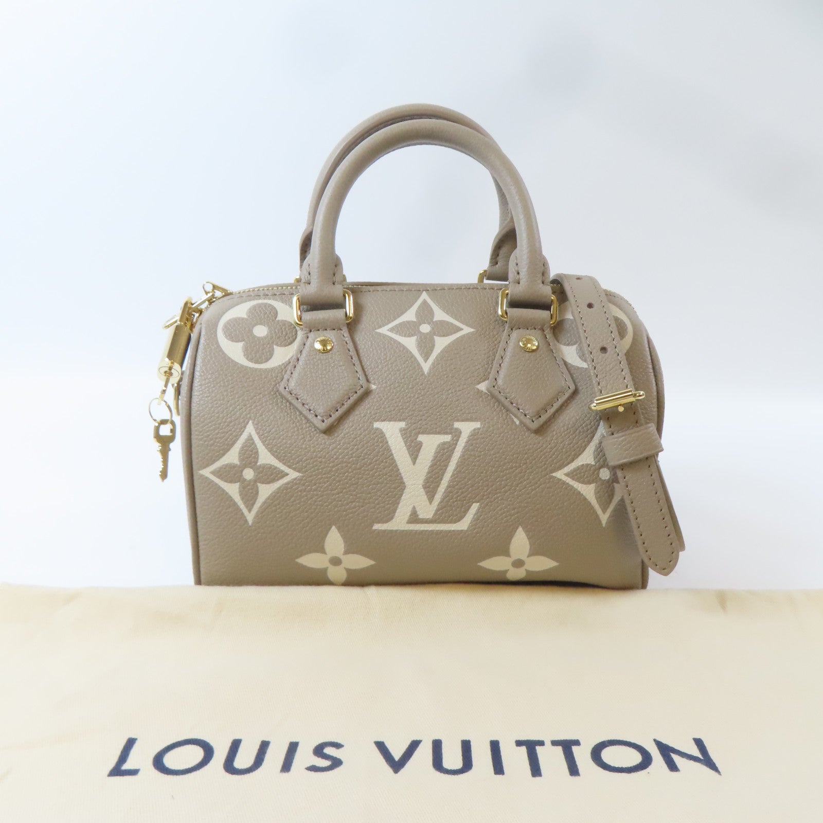 LOUIS VUITTON Monogram Empreinte Nano Speedy金扣鏈帶手挽肩背兩用袋米色