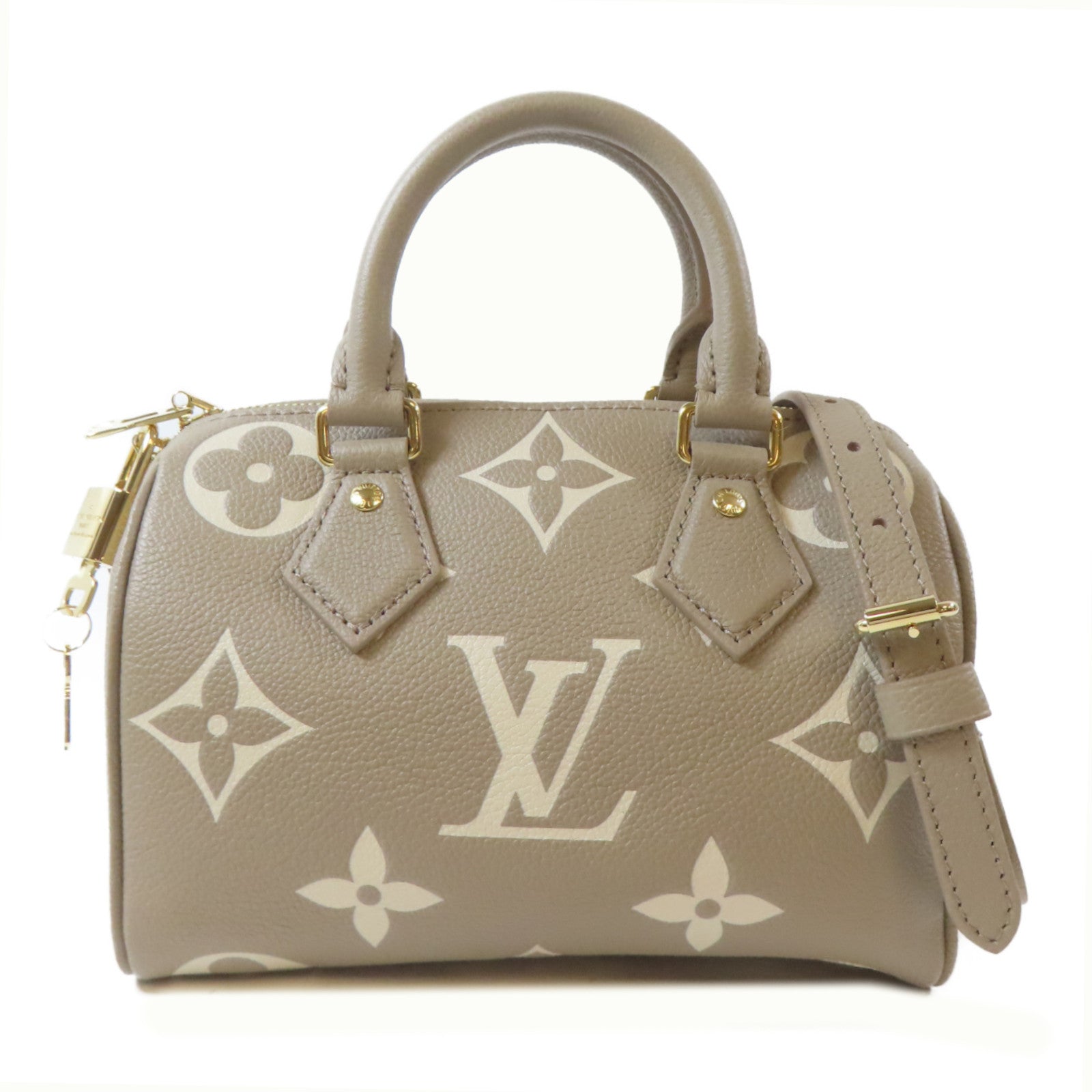 LOUIS VUITTON Monogram Empreinte Nano Speedy金扣鏈帶手挽肩背兩用袋米色