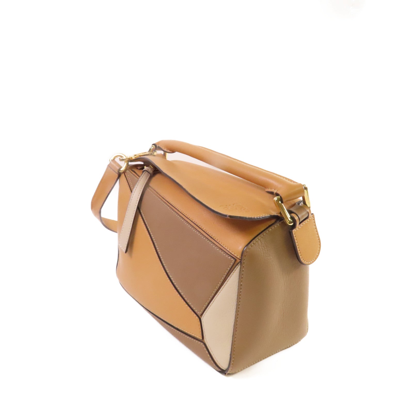 LOEWE 牛皮皮革Puzzle Small 2Way Shoulder Bag金扣手挽肩背兩用袋杏色/啡色