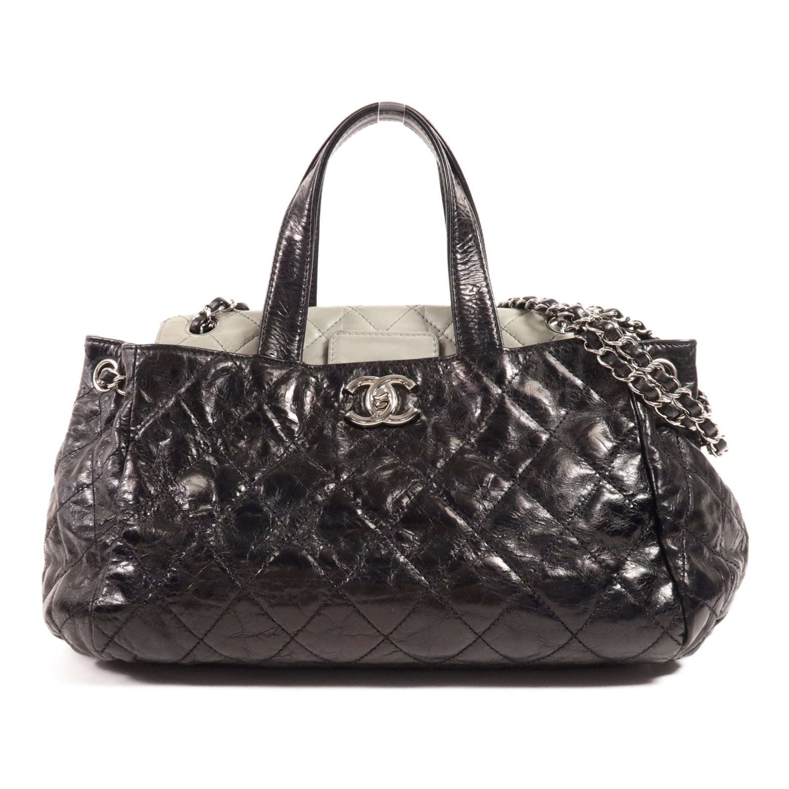 CHANEL 牛皮皮革Chain Shoulder銀扣手挽肩背兩用袋