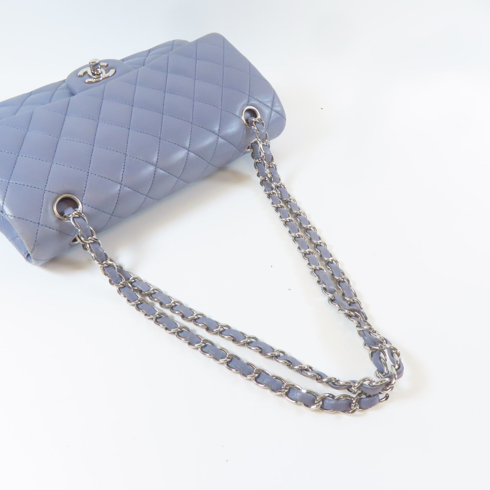 CHANEL 【激減優惠】菱格羊皮皮革Classic 25cm銀扣鏈帶肩背袋紫色