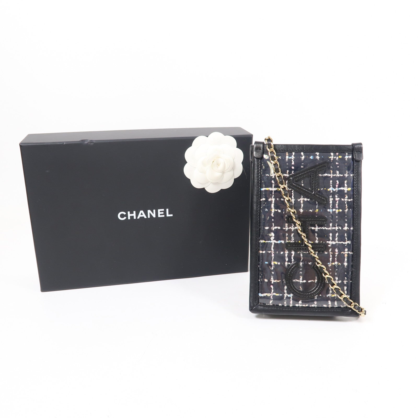CHANEL PVC/牛皮皮革Tweed PVC Pouch金扣鏈帶肩背袋