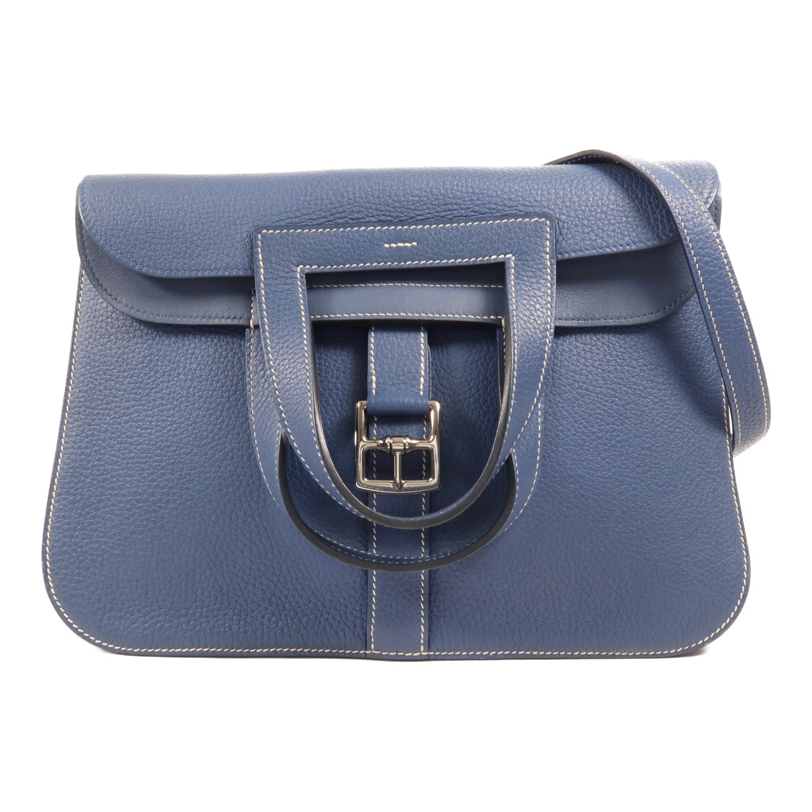 HERMES Clemence皮革Halzan 31銀扣手挽肩背兩用袋Bleu Agate
