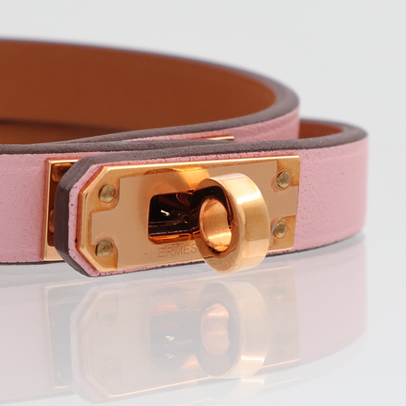 HERMES Swift皮革Mini Kelly Double Tour Bracelet手鐲Rose Sakura