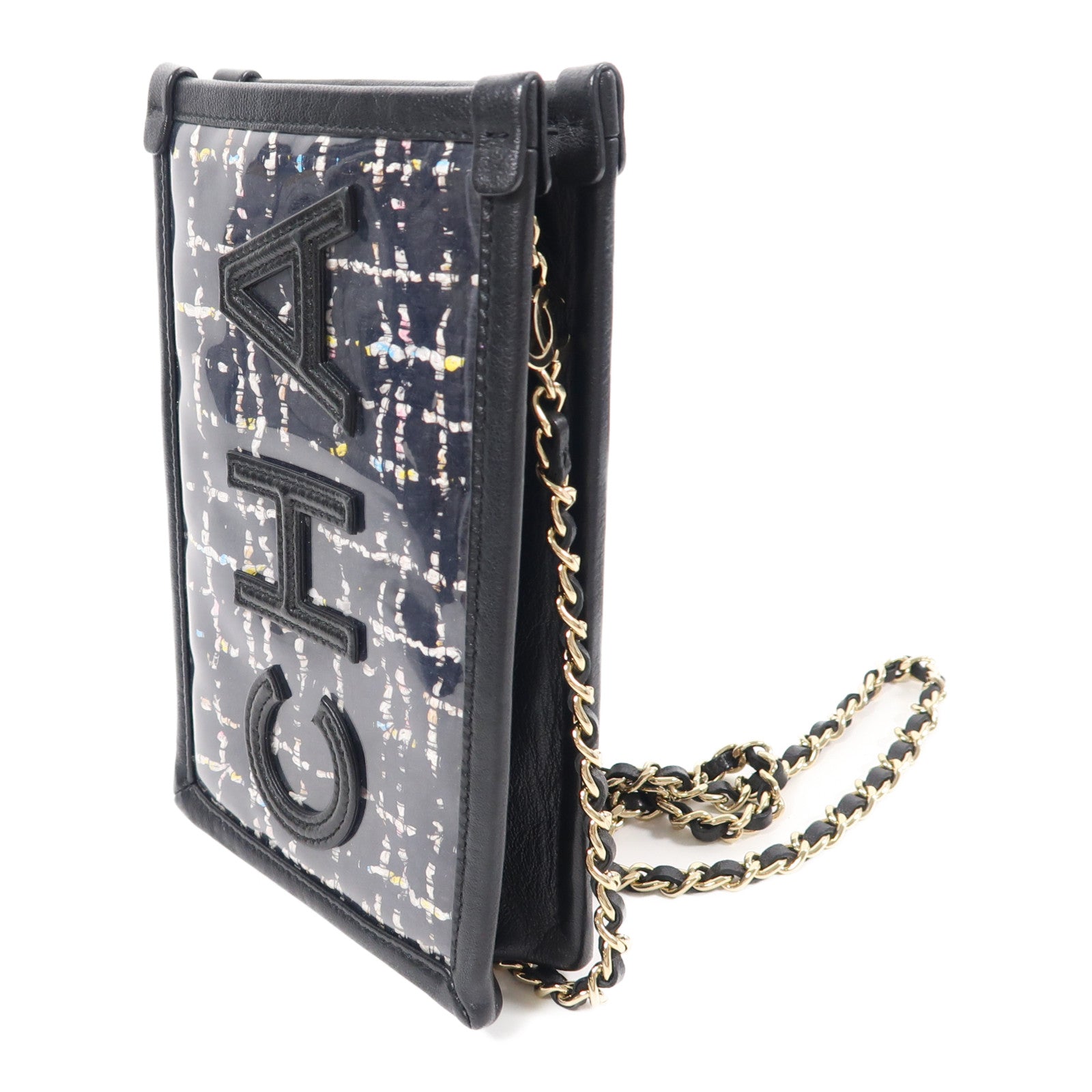 CHANEL PVC/牛皮皮革Tweed PVC Pouch金扣鏈帶肩背袋