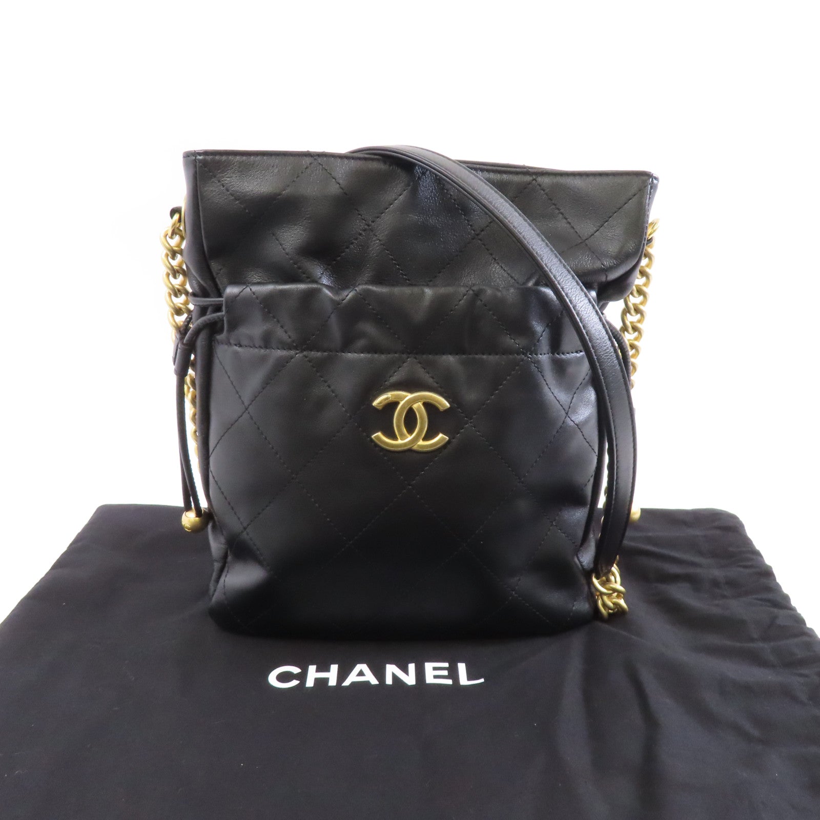 CHANEL 菱格牛皮皮革Drawstring Bag金扣鏈帶肩背袋黑色